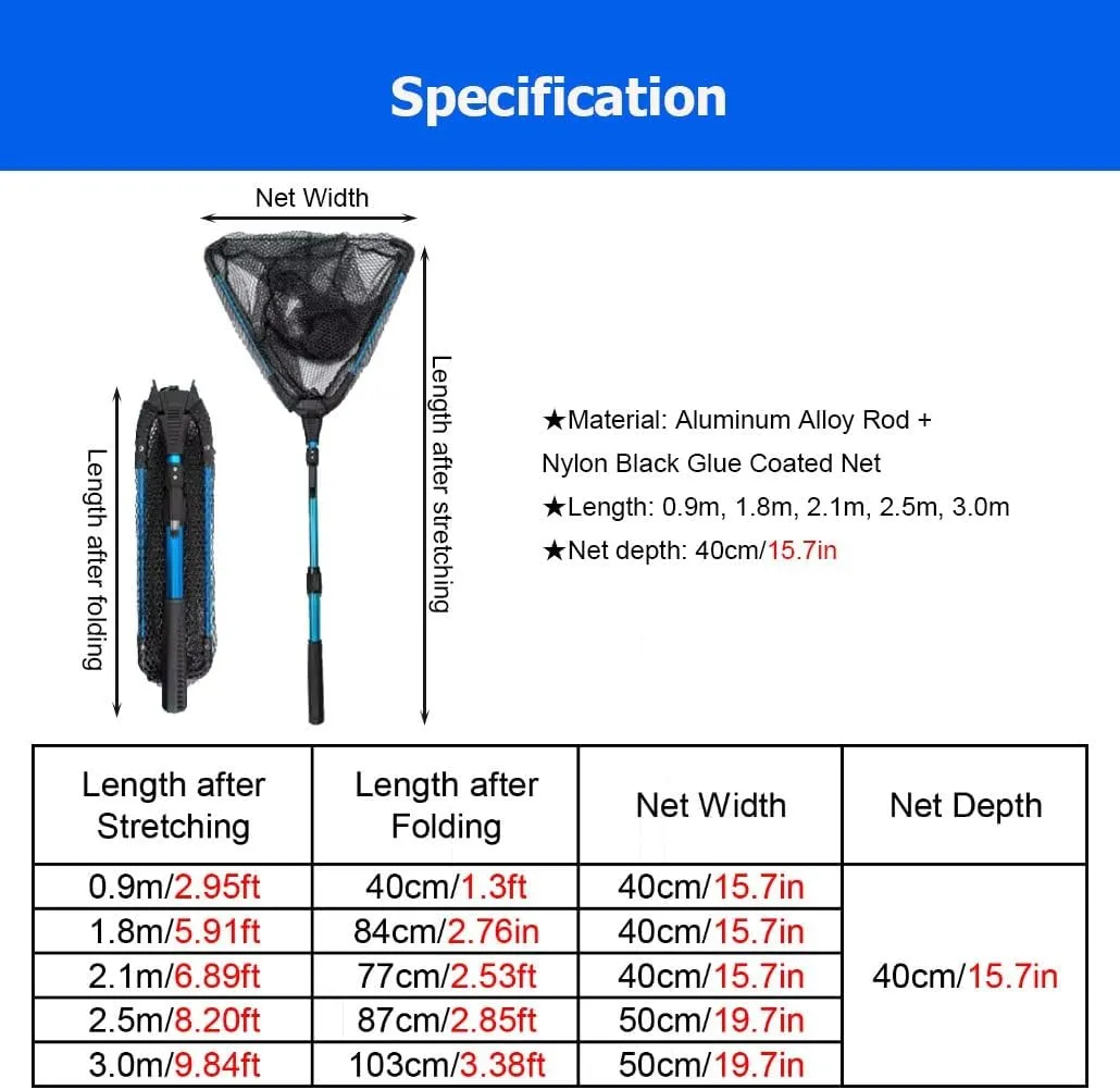 0.9/1.8/2.1/2.5/3.0 M Collapsible Fish Landing Net with Anti-Slip Telescoping Pole Rubber Handle for Kids Adults Saltwater Freshwater