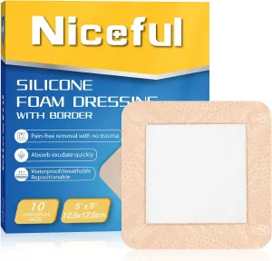 10 Packs 5"x5" Silicone Foam Dressing with Gentle Border(3"x3" Pad)–Bandages for Wounds, Pressure Sores Post-Surgery Incisions Abrasions & Blisters, High Absorbency Wound Care HSA/FSA Eligible