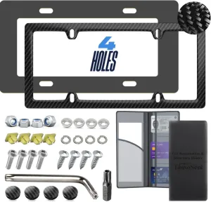 100% Real Carbon Fiber License Plate Frame Rattle Proof, Sleek, Lightweight, Rust-Proof, and Durable Car Plates Frame Black License Plate Frames with Complete Mounting Hardware-1 Pack 4 Hole