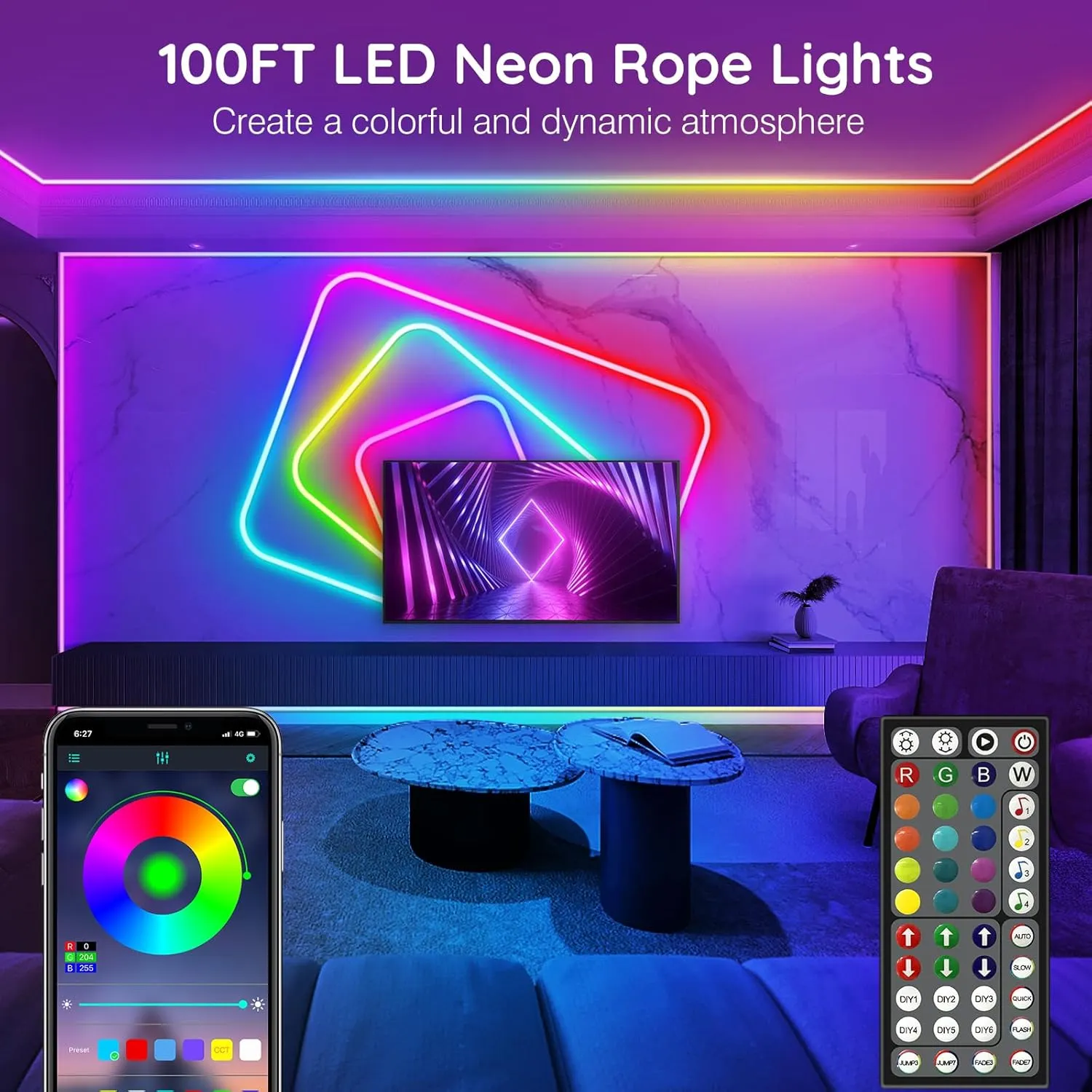 100Ft Neon Rope Lights,Flexible Led Rope Lights Control with App/Remote,Multiple Modes Rope Lights,IP65 Outdoor RGB Led Neon Lights Waterproof,Music Sync Gaming Led Neon Light Strip for Bedroom Decor