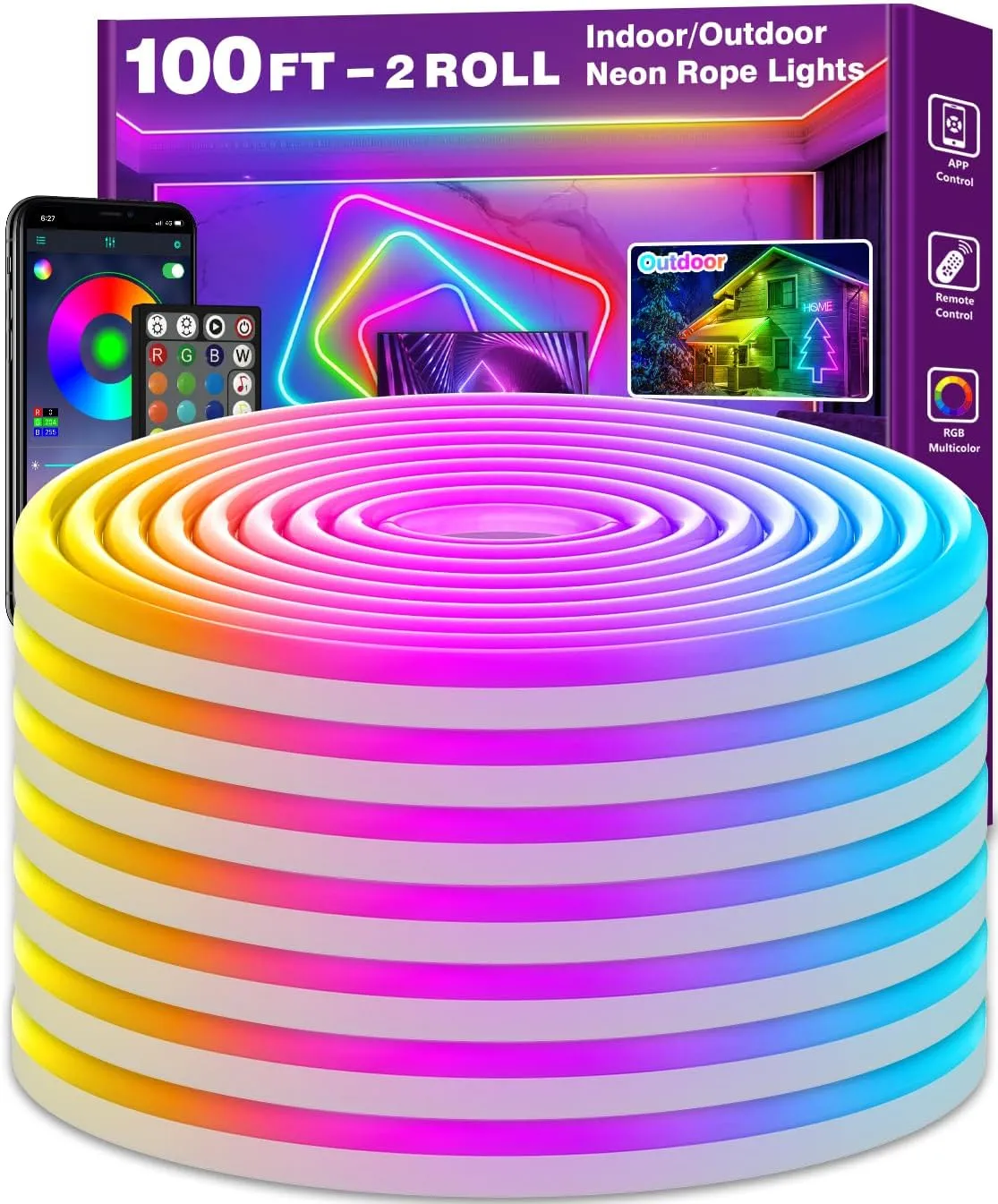 100Ft Neon Rope Lights,Flexible Led Rope Lights Control with App/Remote,Multiple Modes Rope Lights,IP65 Outdoor RGB Led Neon Lights Waterproof,Music Sync Gaming Led Neon Light Strip for Bedroom Decor