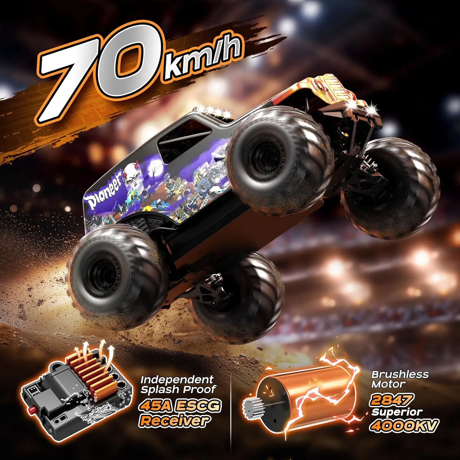 1/14 Brushless RC Cars for Adults, Max 42mph Oil Shock Absorber Electric 4WD High-Speed Off-Road RC Car, Remote Control Car for Adults RC Truck with Two 3S LiPo Batteries 1200 mAh