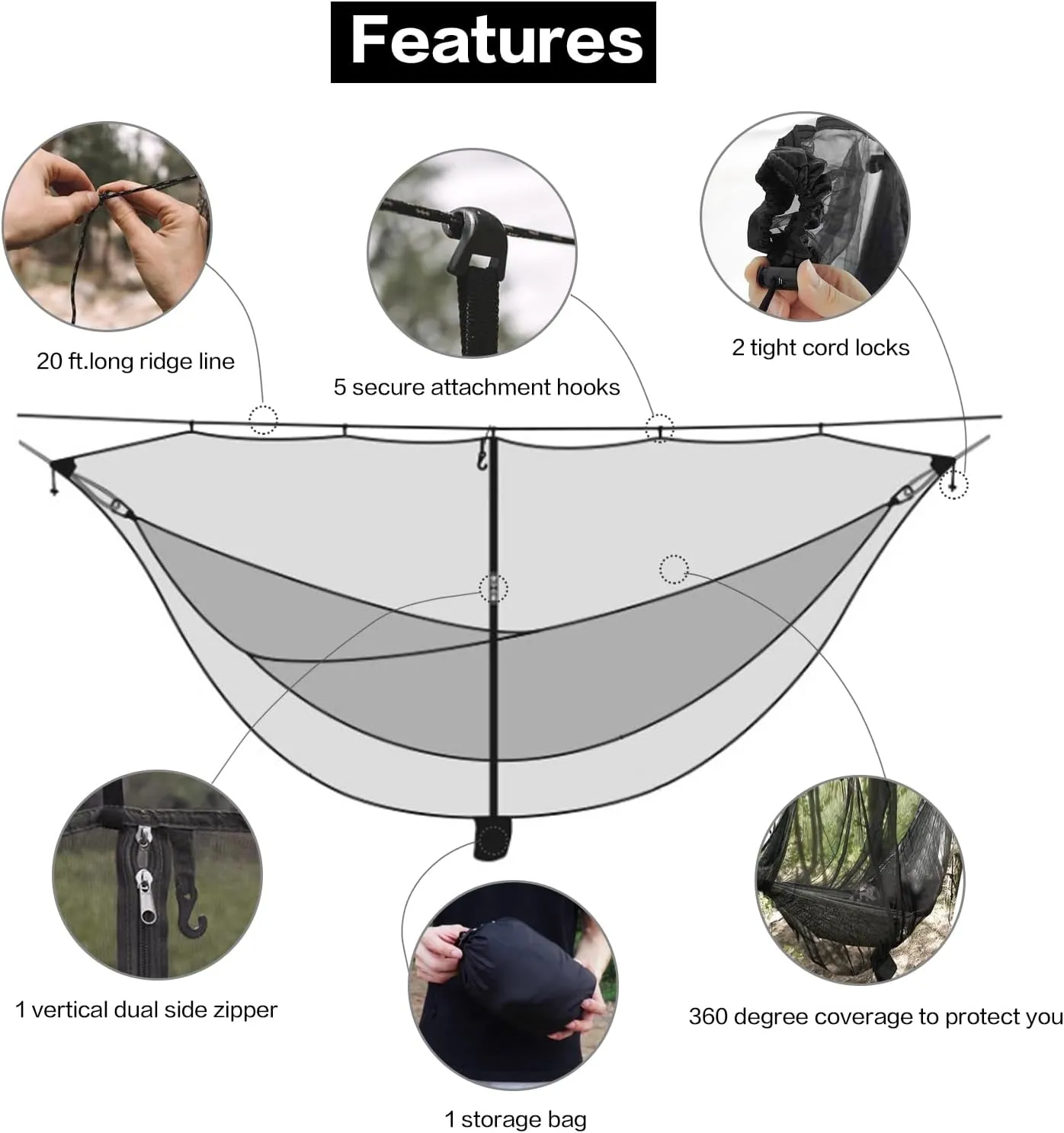 11ft X 4.5ft Hammock Bug Net, Mosquito Net for Hammocks, Mesh Hammock Netting Fits All Camping Hammocks (Black)
