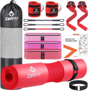 12Pcs Foam Barbell Pad Set for Squats, SERTT Hip Thrust Pad Gym Essentials Set for Workout, 1 Gym Pad, 1 Carry Bag, 2 Lifting Strap, 2 Ankle Cuffs, 3 Ankle Risistance Band, 3 Hip Resistance Bands