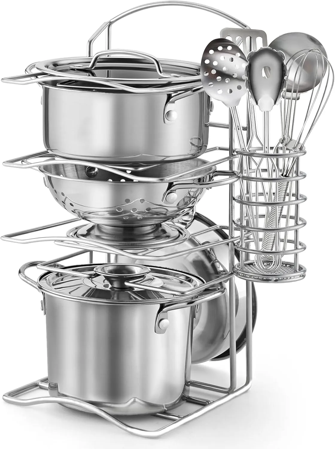 12Pcs Large Size Kids Pots and Pans Playset, Pretend Play Mud Kitchen Set Toy Stainless Steel Pots and Pans Cooking Toys Accessories for Kids Toddler Age 3 Years Old