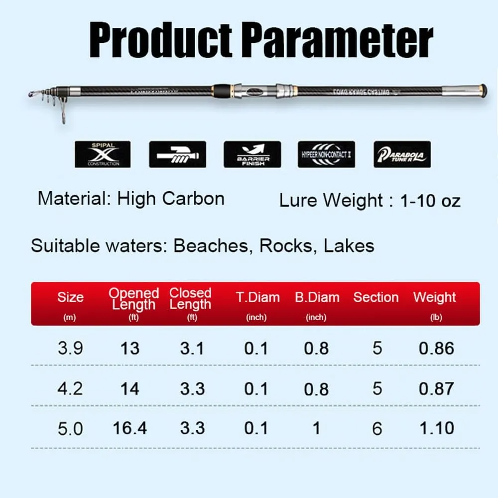 13" 14" 16.4" Telescopic Fishing Rod Carbon Fiber Portable Spinning Fishing Pole for Boat Saltwater and Freshwater Surfcasting Baitcasting Rod Long Distance Throwing Fishing Rod