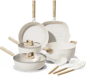14 Piece Pots and Pans Set Non Stick, Premium Ceramic Cookware Set with Utensils, Large Capacity, Healthy and Non Toxic, Induction Ready, PTFE/PFAS/PFOA Free, Cream White