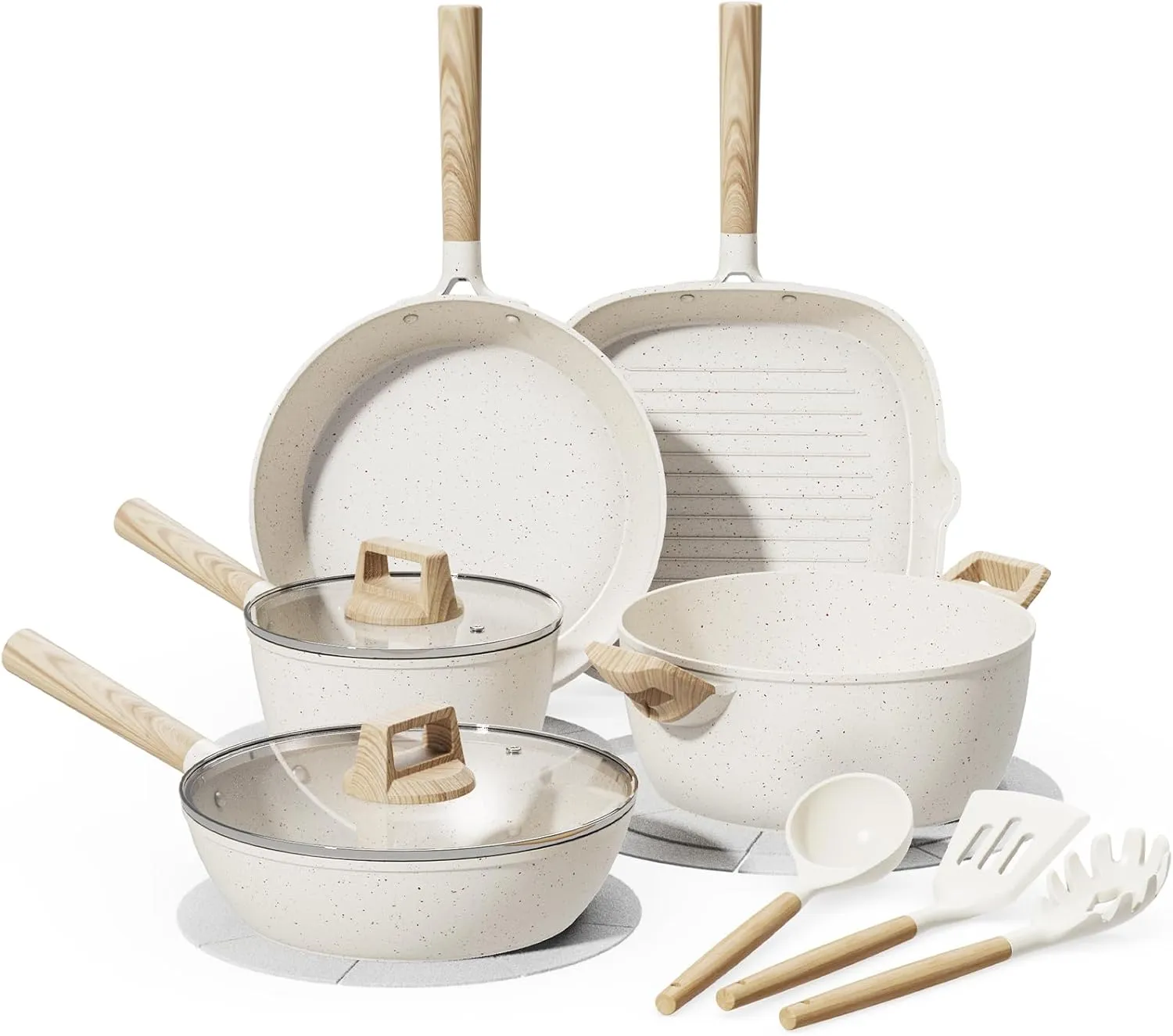 14 Piece Pots and Pans Set Non Stick, Premium Ceramic Cookware Set with Utensils, Large Capacity, Healthy and Non Toxic, Induction Ready, PTFE/PFAS/PFOA Free, Cream White