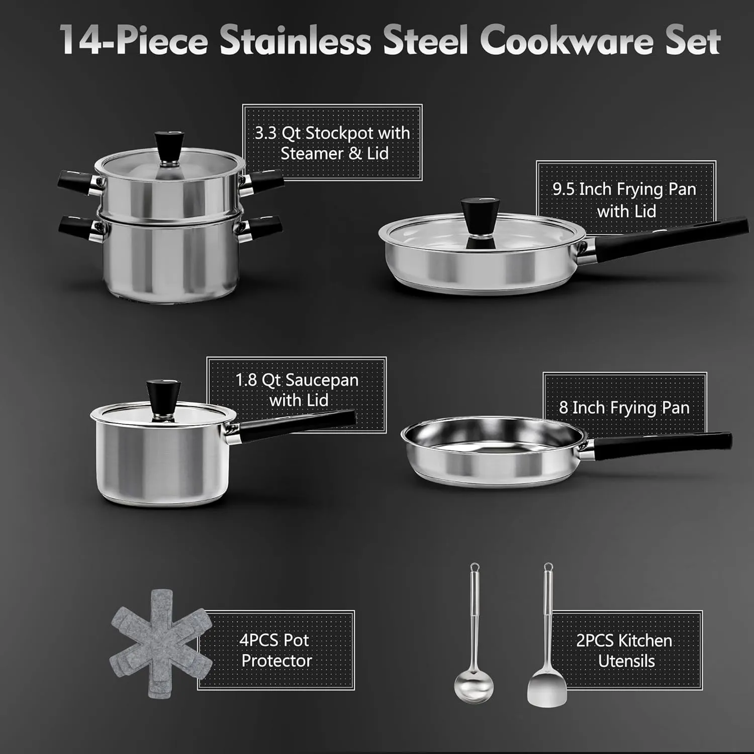 14-Piece Stainless Steel Pots and Pans Set, Cookware Set with Stay-Cool Handle, kitchen Cooking Pots and Pans Compatible with All Stovetops (Gas, Electric & Induction), Dishwasher Safe