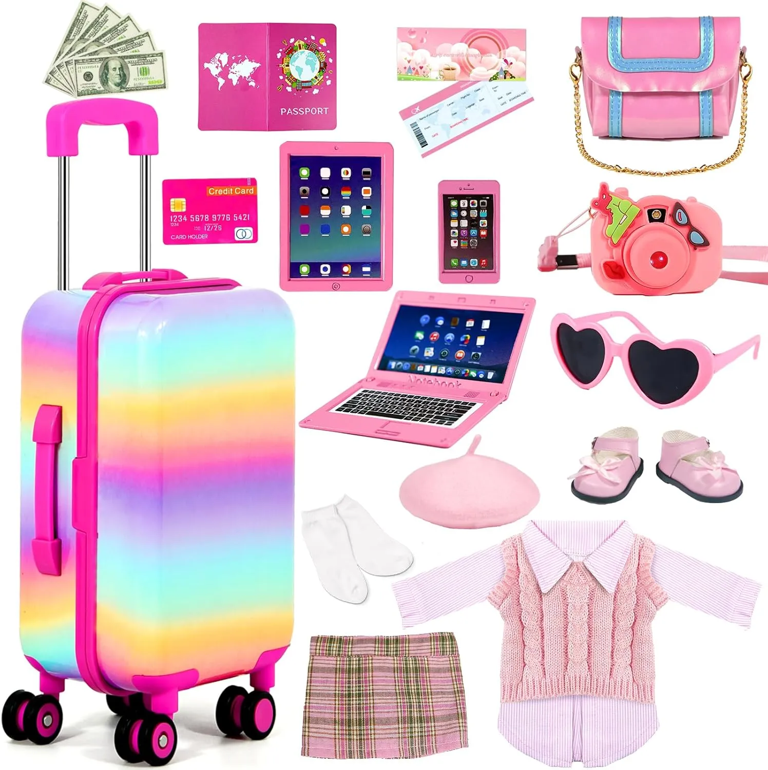 18-inch-Doll-Clothes and Accessories - Doll-Travel-Suitcase Luggage,Clothes and Shoes, Bag, Sunglasses, Camera, Passport, Notebook, Phone, pad Travel Gear Play Set Fit(No Doll)
