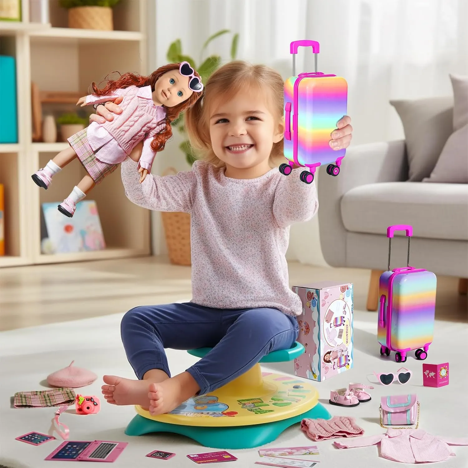 18-inch-Doll-Clothes and Accessories - Doll-Travel-Suitcase Luggage,Clothes and Shoes, Bag, Sunglasses, Camera, Passport, Notebook, Phone, pad Travel Gear Play Set Fit(No Doll)