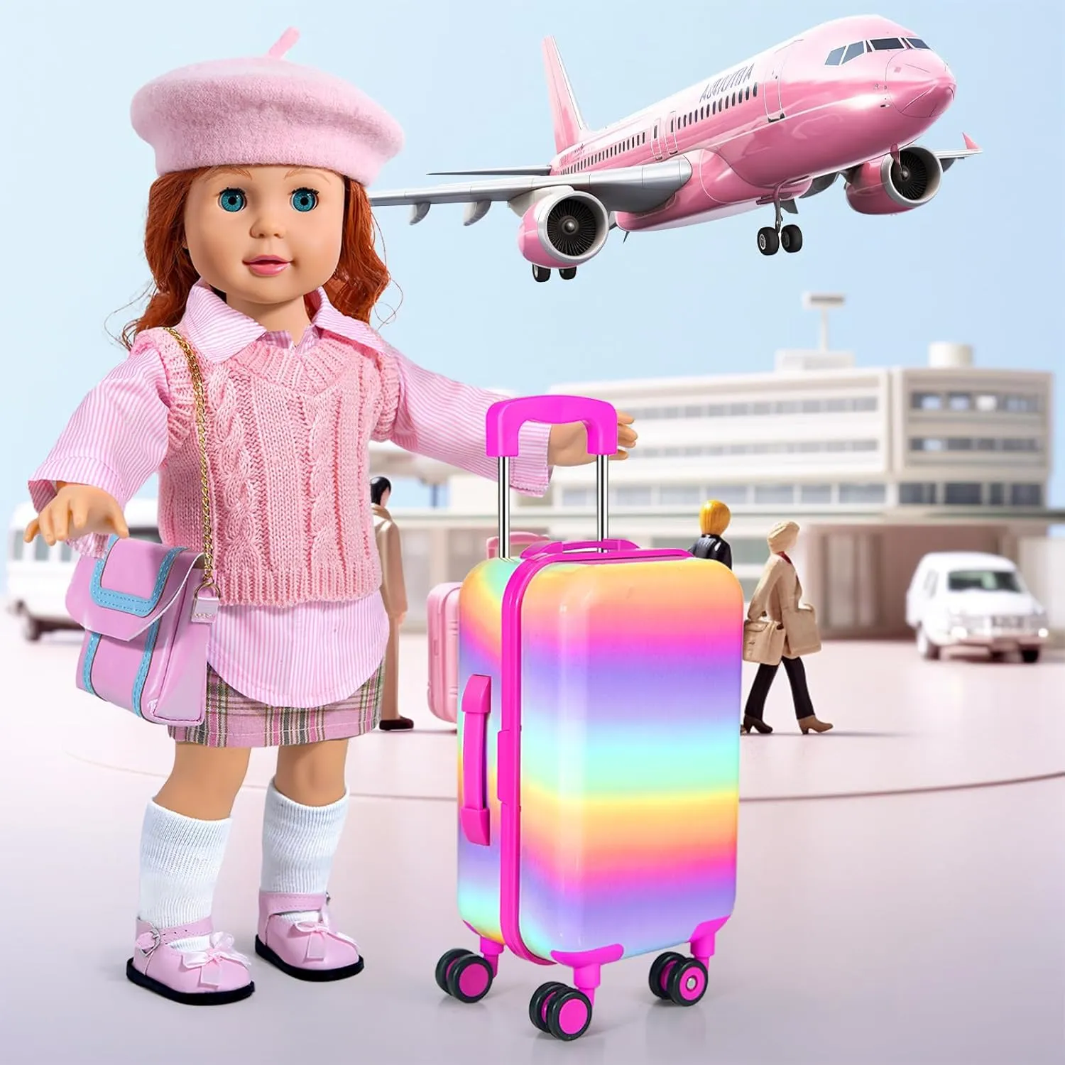 18-inch-Doll-Clothes and Accessories - Doll-Travel-Suitcase Luggage,Clothes and Shoes, Bag, Sunglasses, Camera, Passport, Notebook, Phone, pad Travel Gear Play Set Fit(No Doll)