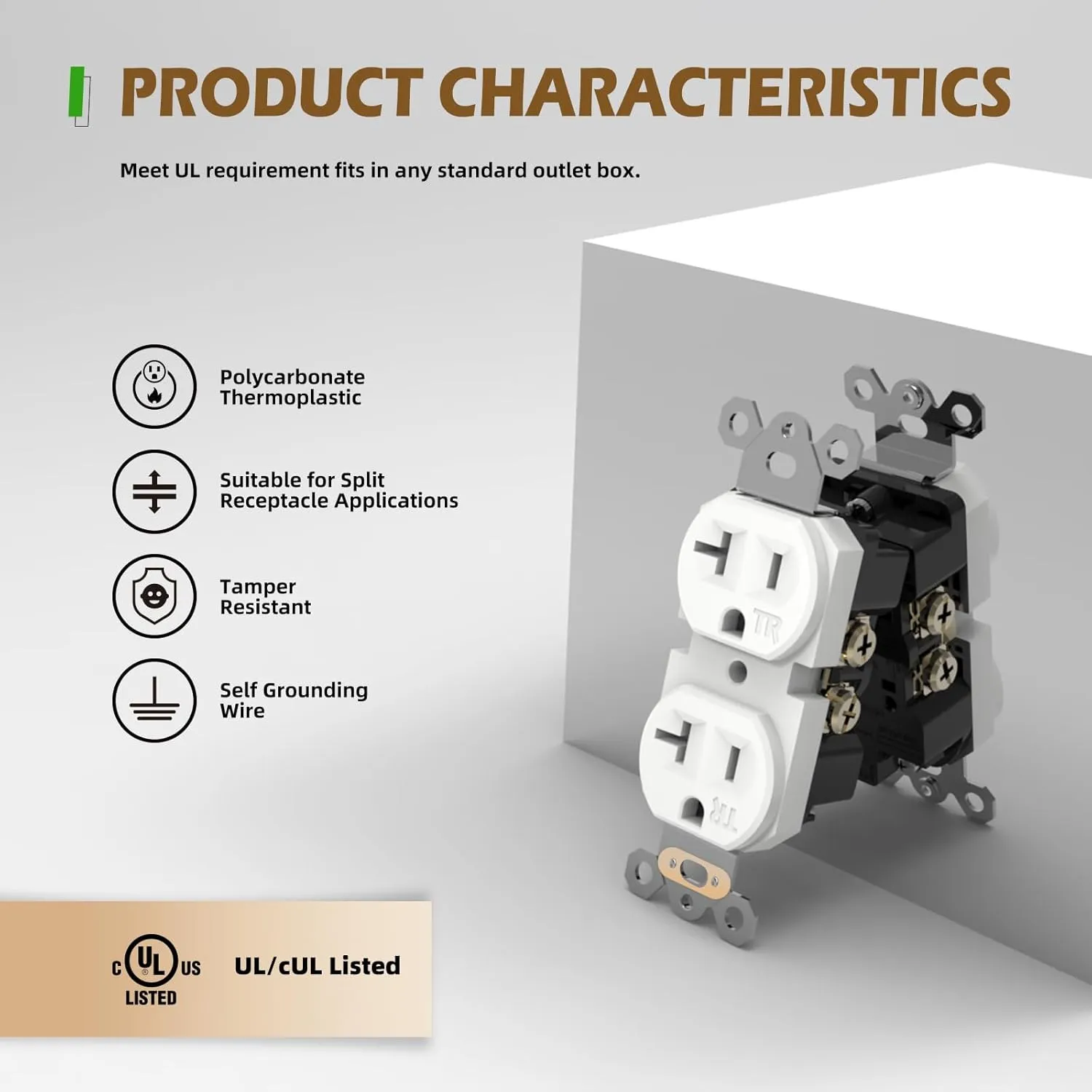 20 Pack Electrical Wall Outlet, 20A Tamper-Resistant Receptacle Outlet, 2 Pole 3 Wire, Self-Grounding, Duplex Receptacle for Residential and Commercial Use, UL Listed, White