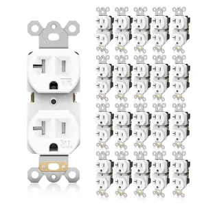 20 Pack Electrical Wall Outlet, 20A Tamper-Resistant Receptacle Outlet, 2 Pole 3 Wire, Self-Grounding, Duplex Receptacle for Residential and Commercial Use, UL Listed, White