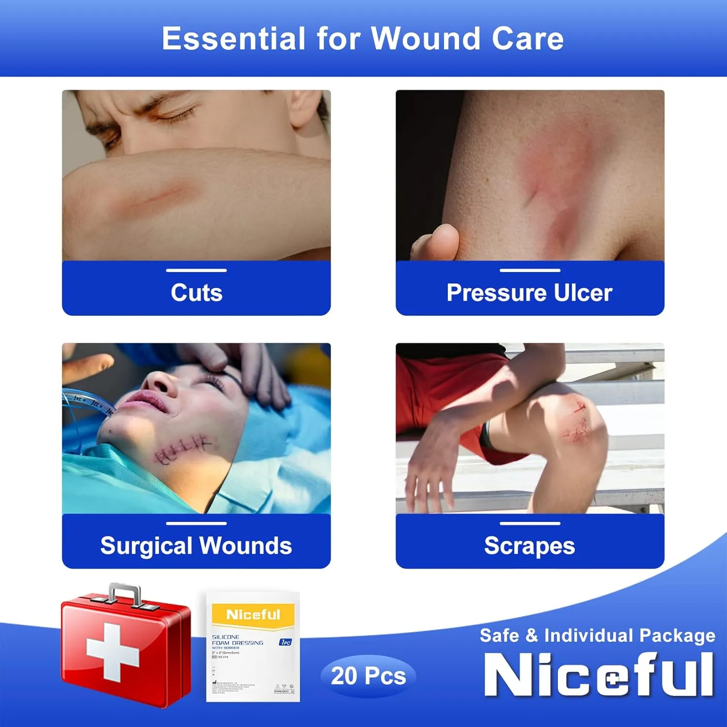 20 Packs Silicone Foam Dressing Gentle Border 2x2in, HSA FSA Eligible, Absorbent Silicone Bandages for Wounds, Waterproof Bed Sore Bandages Wound Dressing