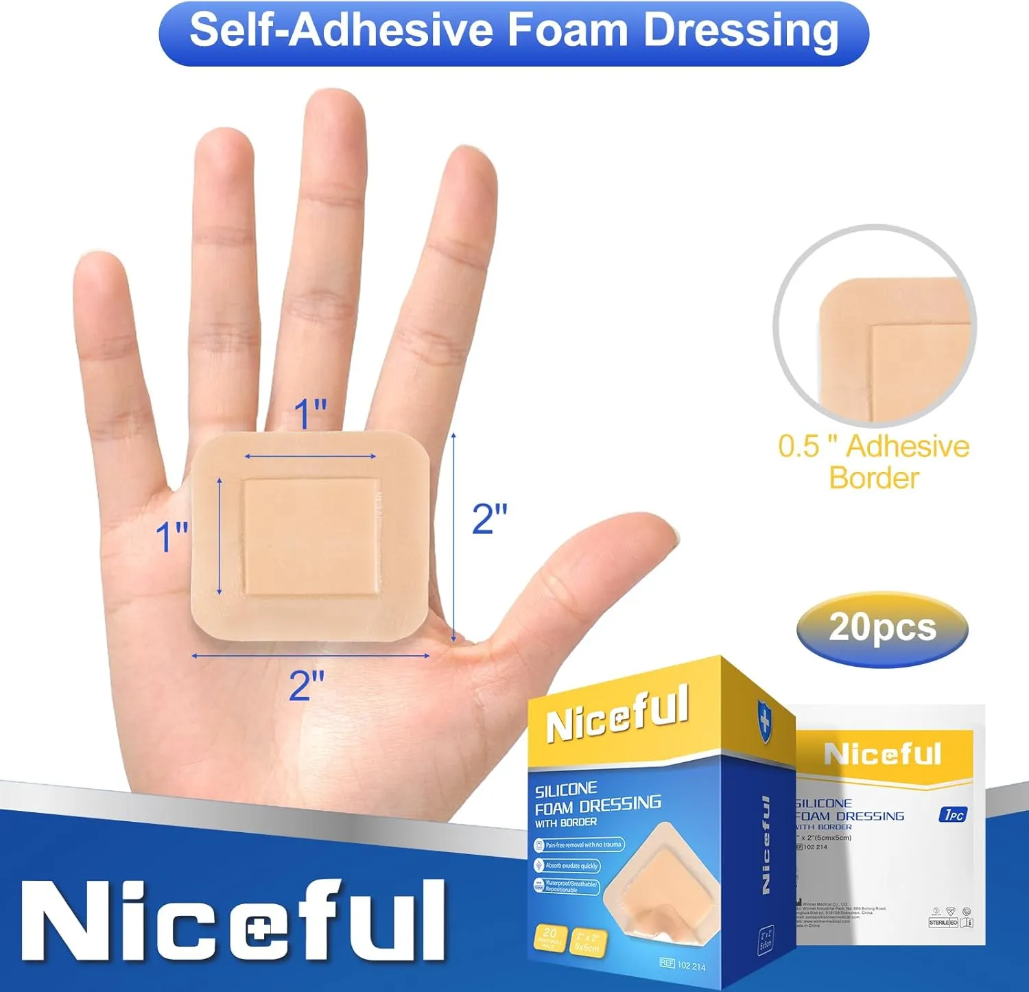 20 Packs Silicone Foam Dressing Gentle Border 2x2in, HSA FSA Eligible, Absorbent Silicone Bandages for Wounds, Waterproof Bed Sore Bandages Wound Dressing