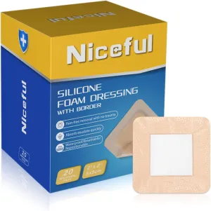 20 Packs Silicone Foam Dressing Gentle Border 2x2in, HSA FSA Eligible, Absorbent Silicone Bandages for Wounds, Waterproof Bed Sore Bandages Wound Dressing