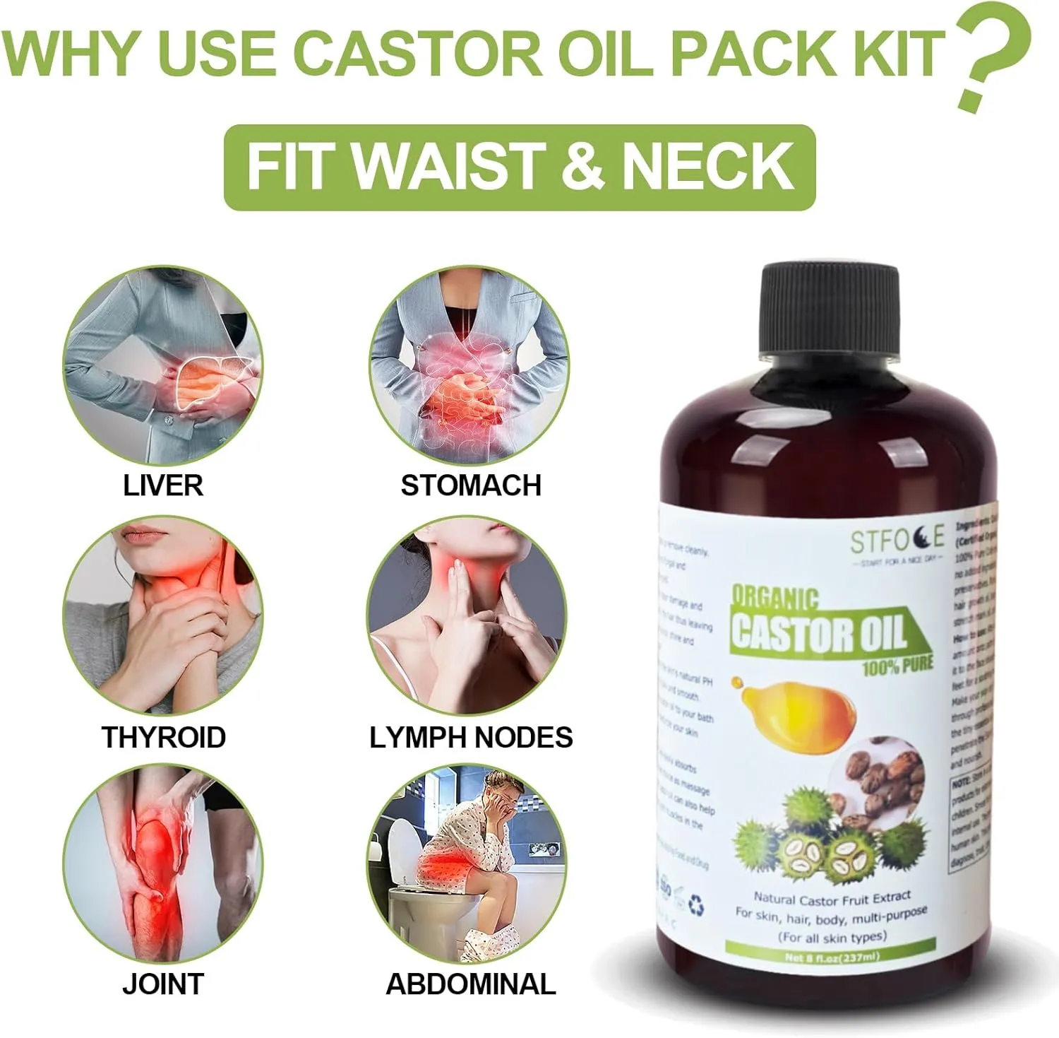 20pcs Castor Oil Pack Wrap, Organic Castor Oil Pack Self-Adhesive, 7.9"x5.5", No Leakage, No Wash, Portable (Oil Included) (1 Count (Pack of 21))