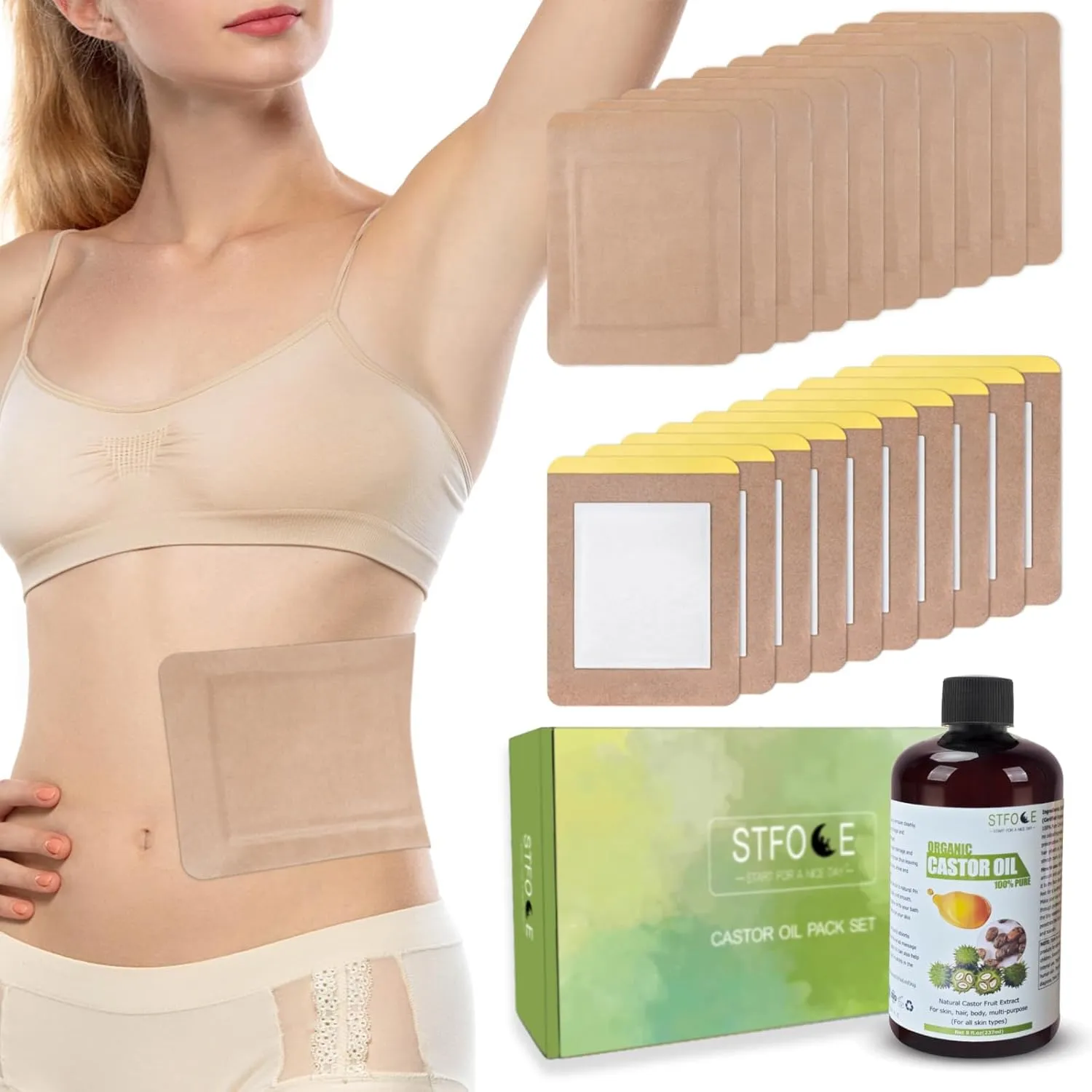 20pcs Castor Oil Pack Wrap, Organic Castor Oil Pack Self-Adhesive, 7.9"x5.5", No Leakage, No Wash, Portable (Oil Included) (1 Count (Pack of 21))