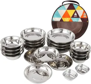 22PCS Service Plate Set,Portable Outdoor Camping Cookware Mess Kit Polished Stainless Steel Dishes Camping Utensils for Backpacking Hiking