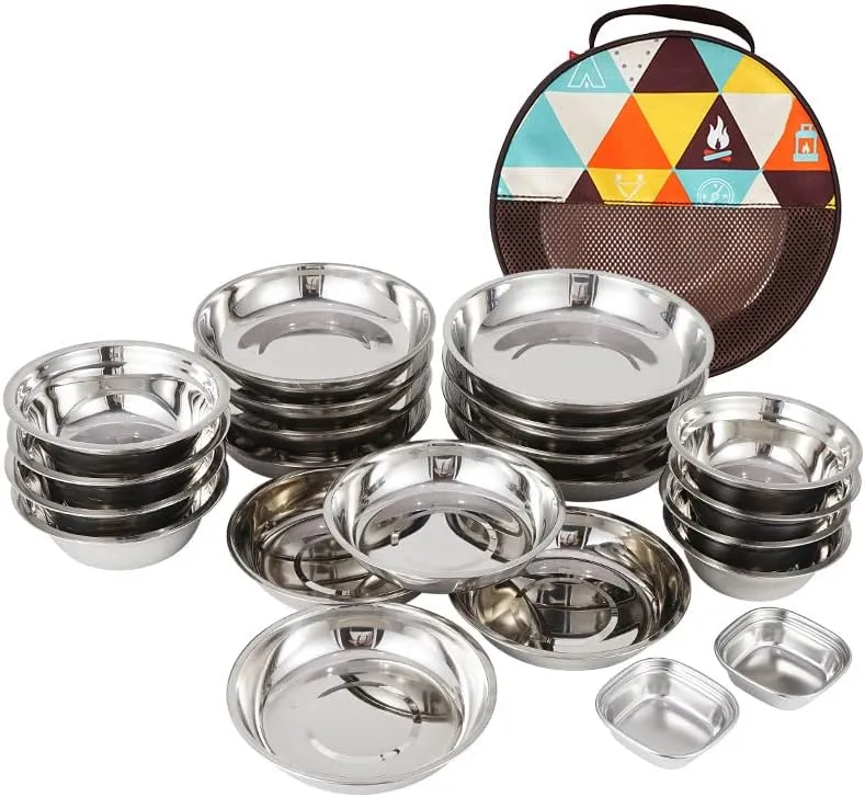 22PCS Service Plate Set,Portable Outdoor Camping Cookware Mess Kit Polished Stainless Steel Dishes Camping Utensils for Backpacking Hiking