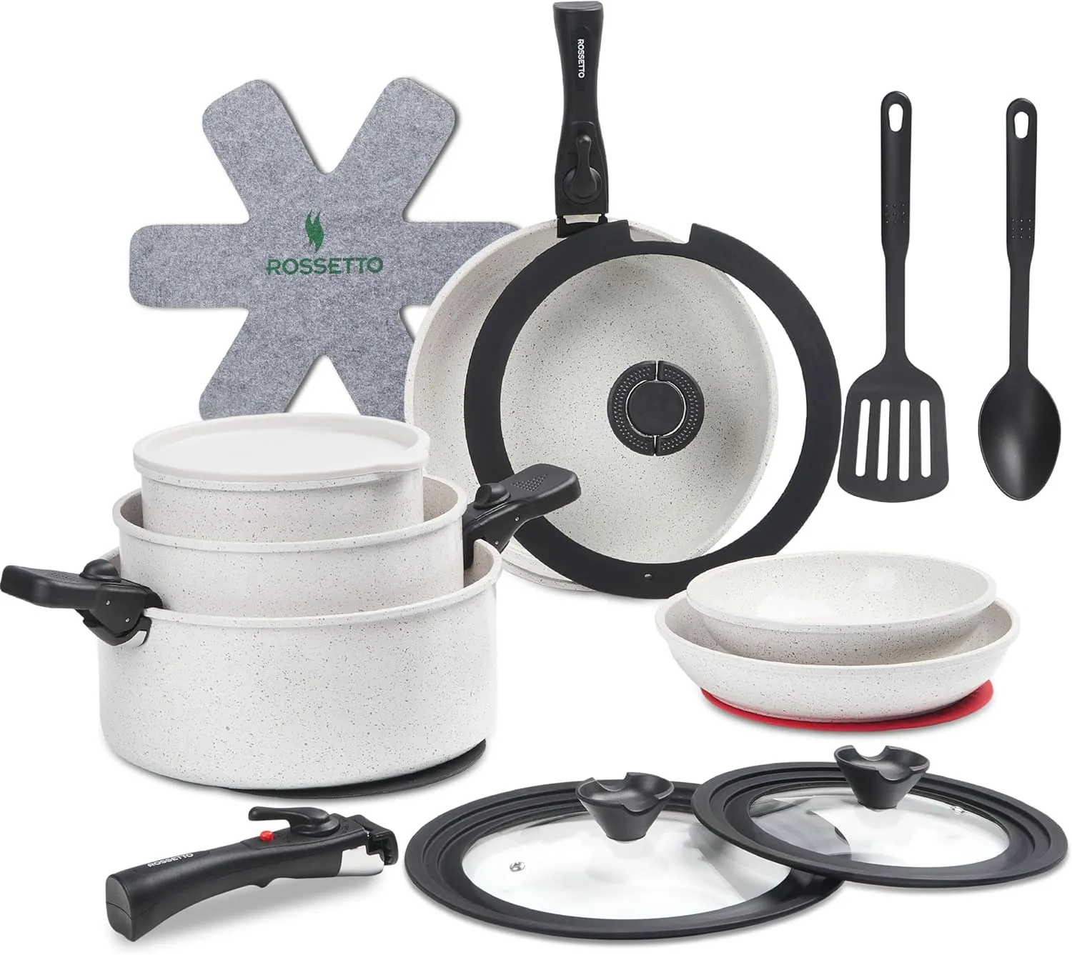 23 Pcs Nonstick Pots and Pans Set with 4 Detachable Handle, Ceramic Cookware Set Non Toxic, Induction Dishwasher Oven Safe Cookware Set, RV Kicthen Set Removable Handle, White Granite