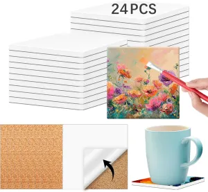 24 PCS Ceramic Tiles for Crafts 4x4 inches and self-Adhesive Cork mat ，unglazed Ceramic Coasters for Crafts,Use with Alcohol Ink or Acrylic Pouring Make Your Own DIY Coasters
