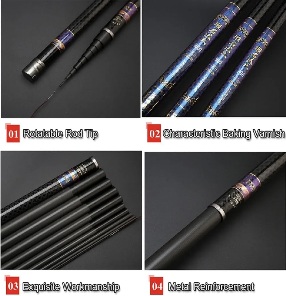 26Ft 29Ft 32Ft 35Ft 37Ft 40Ft Telescopic Fishing Rod Ultralight Travel Fishing Rod,Portable Collapsible Bass Crappie Rod,1 Piece Carbon Fiber Inshore Stream Trout Pole Free Tip