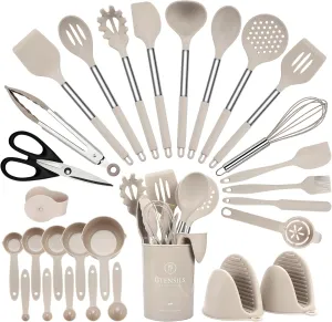 28 Pcs Silicone Cooking Utensils Set with Stainless Steel Handle, 446℉ Heat-Resistant Kitchen Utensils Set with Holder, Dishwasher Washable Silicone Spatula for Non-stick Cookware (Khaki)