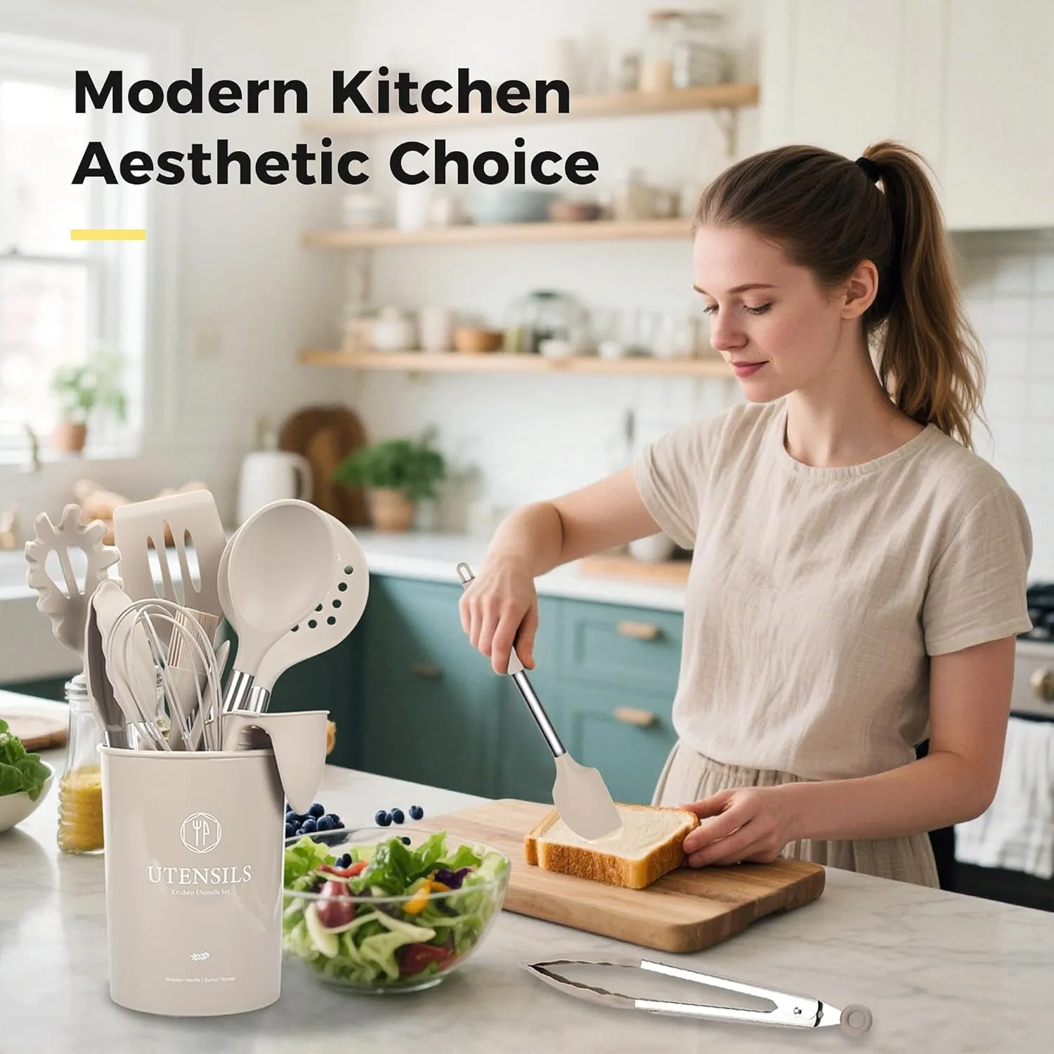 28 Pcs Silicone Cooking Utensils Set with Stainless Steel Handle, 446℉ Heat-Resistant Kitchen Utensils Set with Holder, Dishwasher Washable Silicone Spatula for Non-stick Cookware (Khaki)