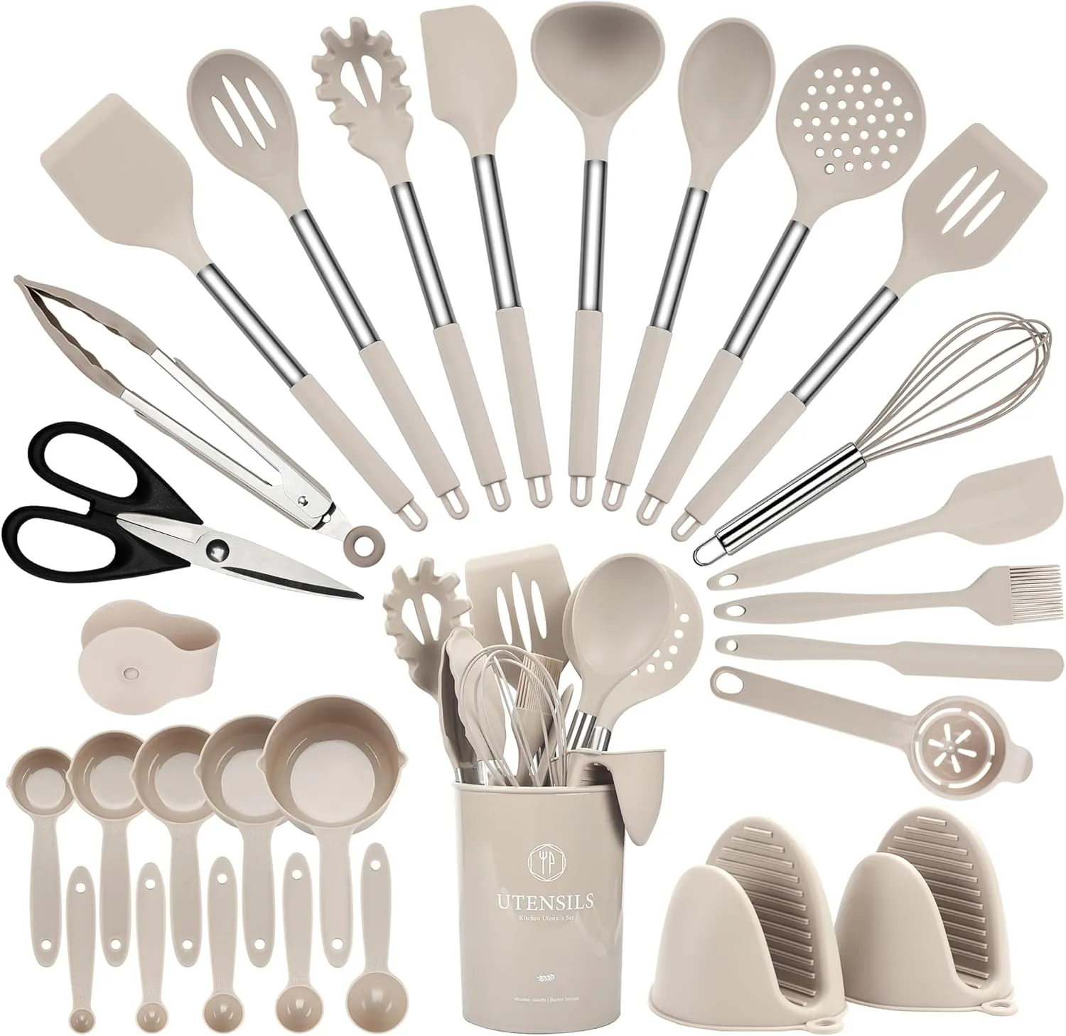28 Pcs Silicone Cooking Utensils Set with Stainless Steel Handle, 446℉ Heat-Resistant Kitchen Utensils Set with Holder, Dishwasher Washable Silicone Spatula for Non-stick Cookware (Khaki)