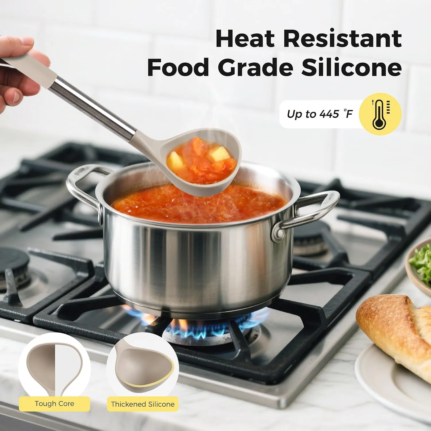 28 Pcs Silicone Cooking Utensils Set with Stainless Steel Handle, 446℉ Heat-Resistant Kitchen Utensils Set with Holder, Dishwasher Washable Silicone Spatula for Non-stick Cookware (Khaki)