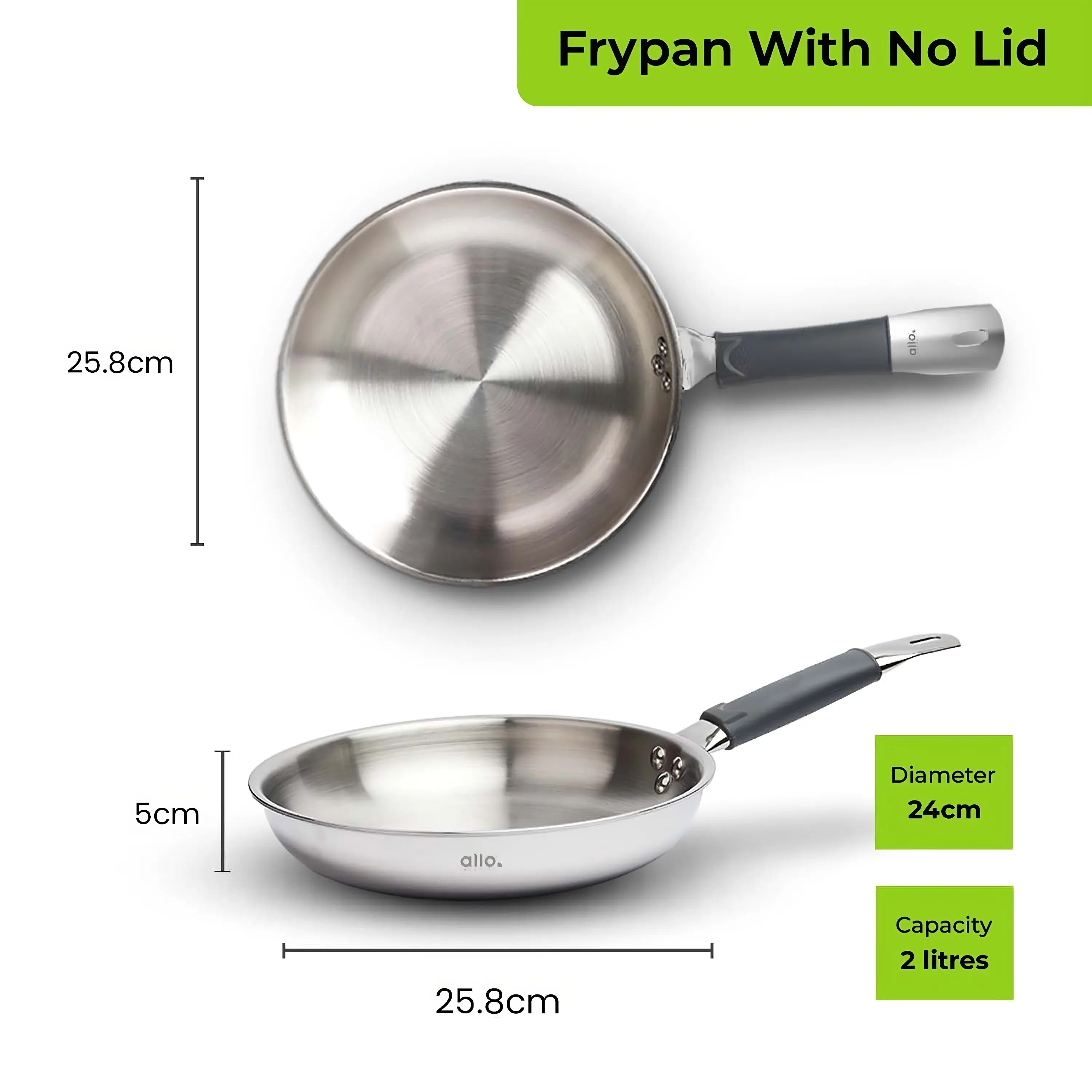 2L Allo CookSafe TriPly Fry Pan | Stainless Steel | Induction Friendly | 24cm