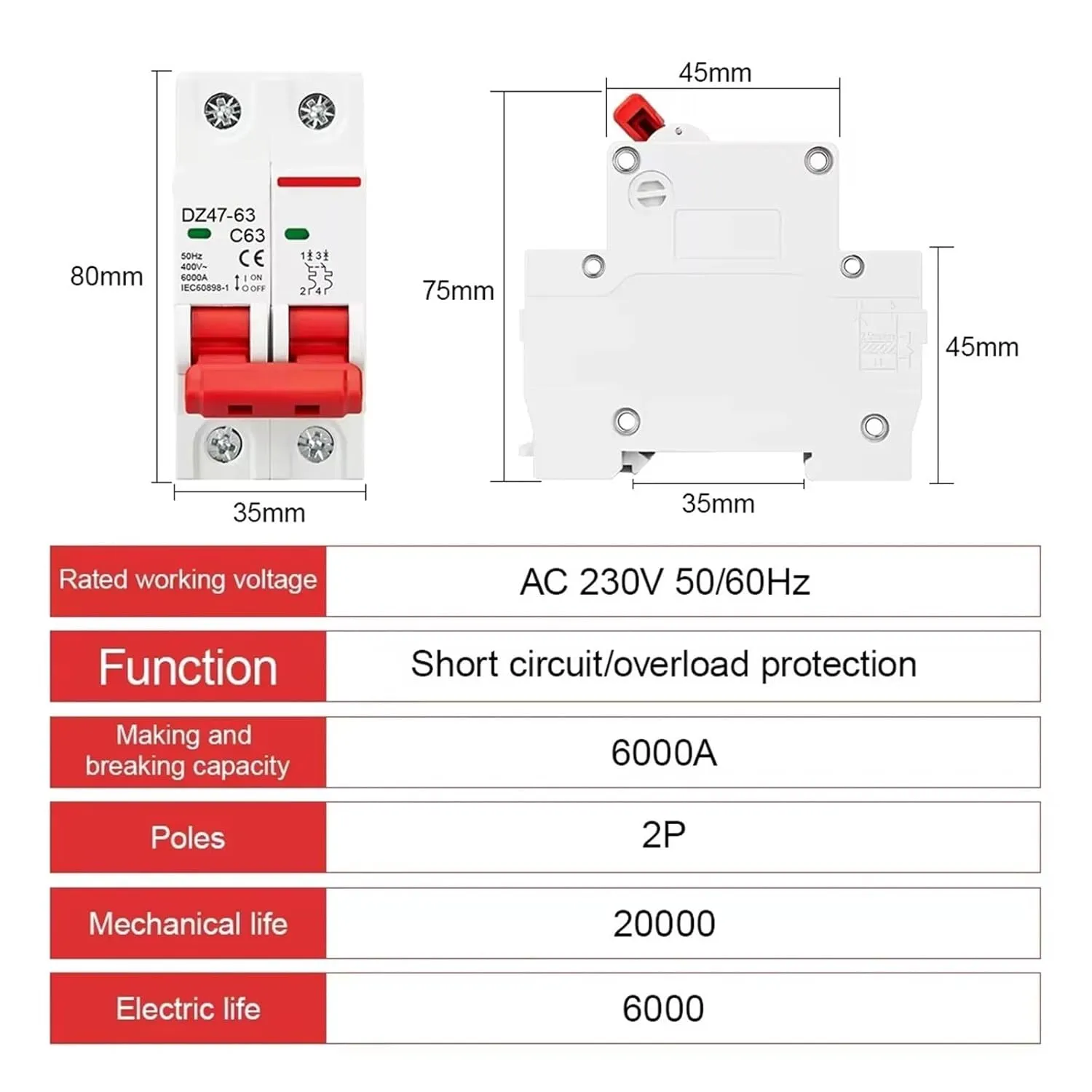 2P DZ47 AC 230/400V MCB C Type Circuit Breaker Overload Protection Short Circuit Protection Small Household Main Switch Din Rail(50A)