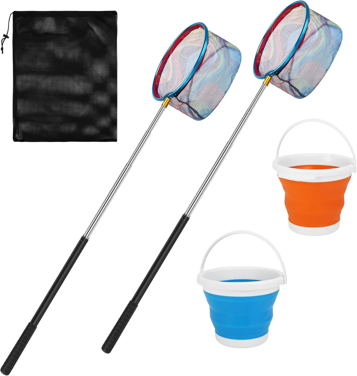 2PACK Kids Fishing Landing Net and Bucket Set, 59in Lightweight Butterfly Fishing Nets with Telescopic Pole, Non-Slip Handle, Foldable Bucket for Beach,Pond,Park,Outdoor Catch and Release