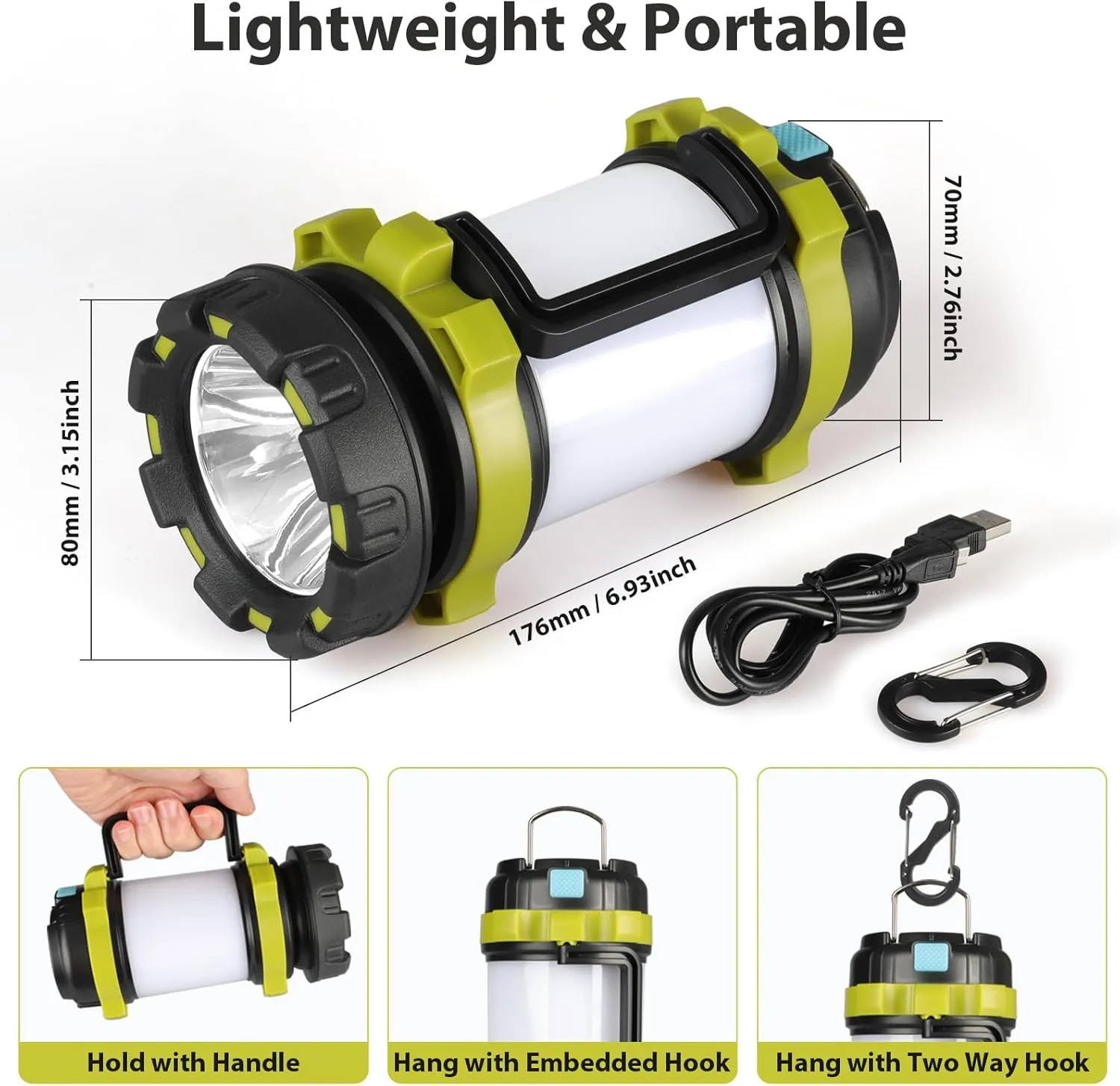 3 Pack Camping Lantern, Outdoor LED Camping Light, Rechargeable Flashlights with 1000LM, 6 Modes, 4000mAh Power Bank, IPX5 Waterproof Portable Emergency Camp Light for Hurricane Hiking - Green