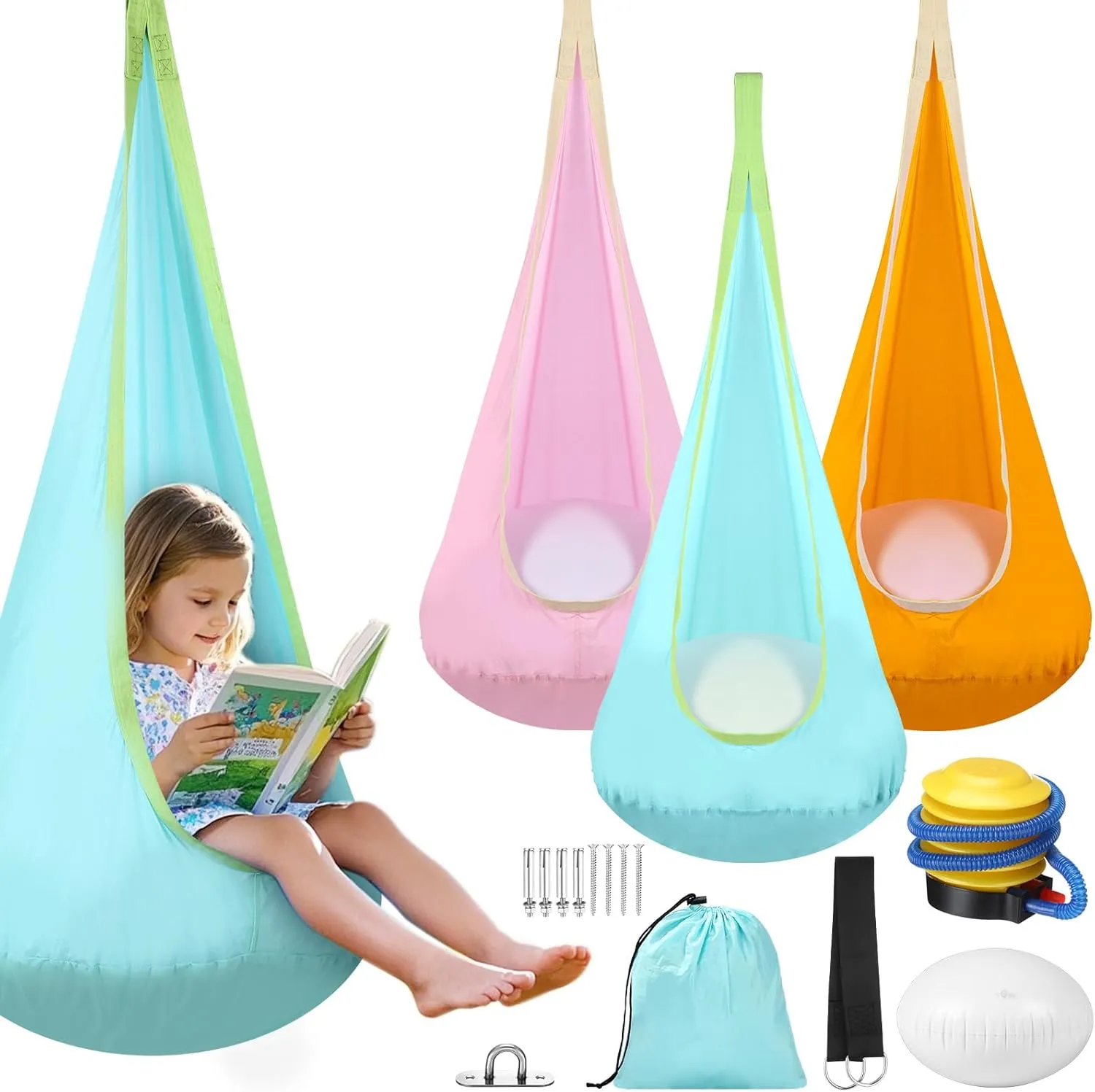 3 Set Kids Pod Swing Seat Child Hanging Hammock Swing Chair with Inflatable Pillow Sensory Chair with Pocket for Kids Outdoor and Indoor Use