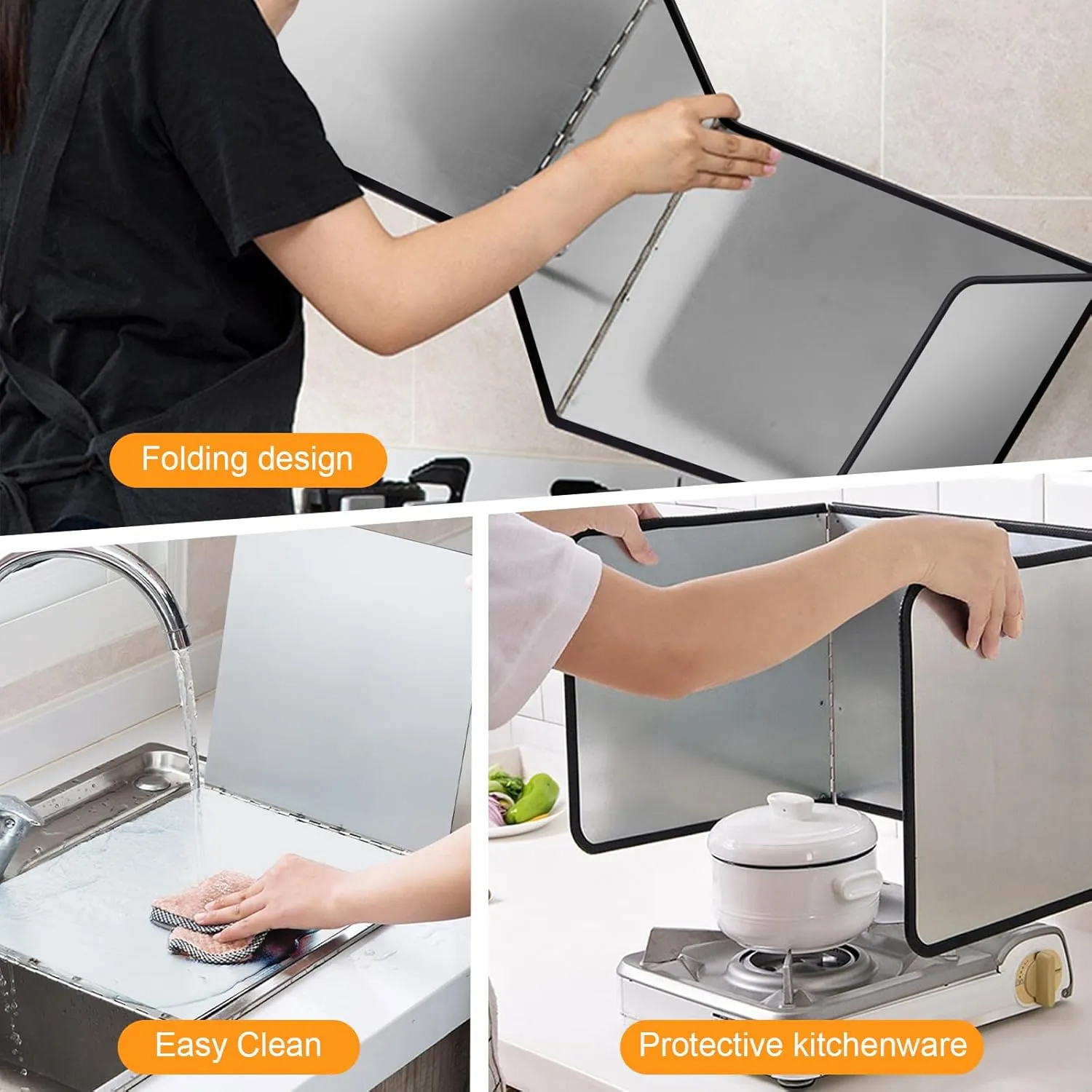 3 Sided Foldable Stove Splatter Guard for Frying Stainless Steel Oil Splatter Screens Easy to Clean Kitchen Backsplash Protector For Stove Top Wall Gas Range Frying Pan Camping, M