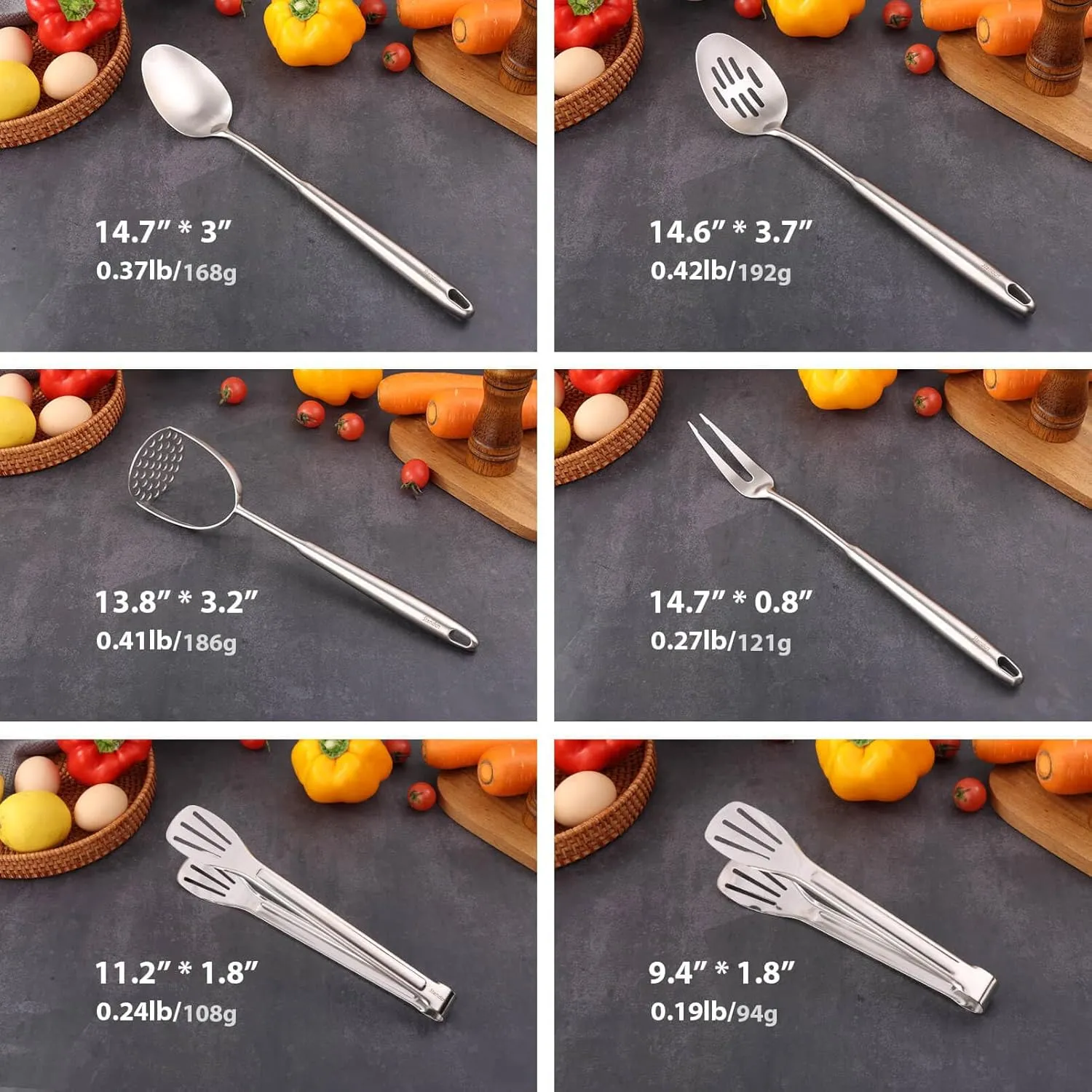 304 Stainless Steel Kitchen Utensils Set - 12 PCS Long All Metal Cooking Utensils & Large Serving Utensils - Potato Masher, Fork, Tongs, Tunner, Pasta, Serving Spoon, Skimmer, Ladle, Spatula Spoon Set