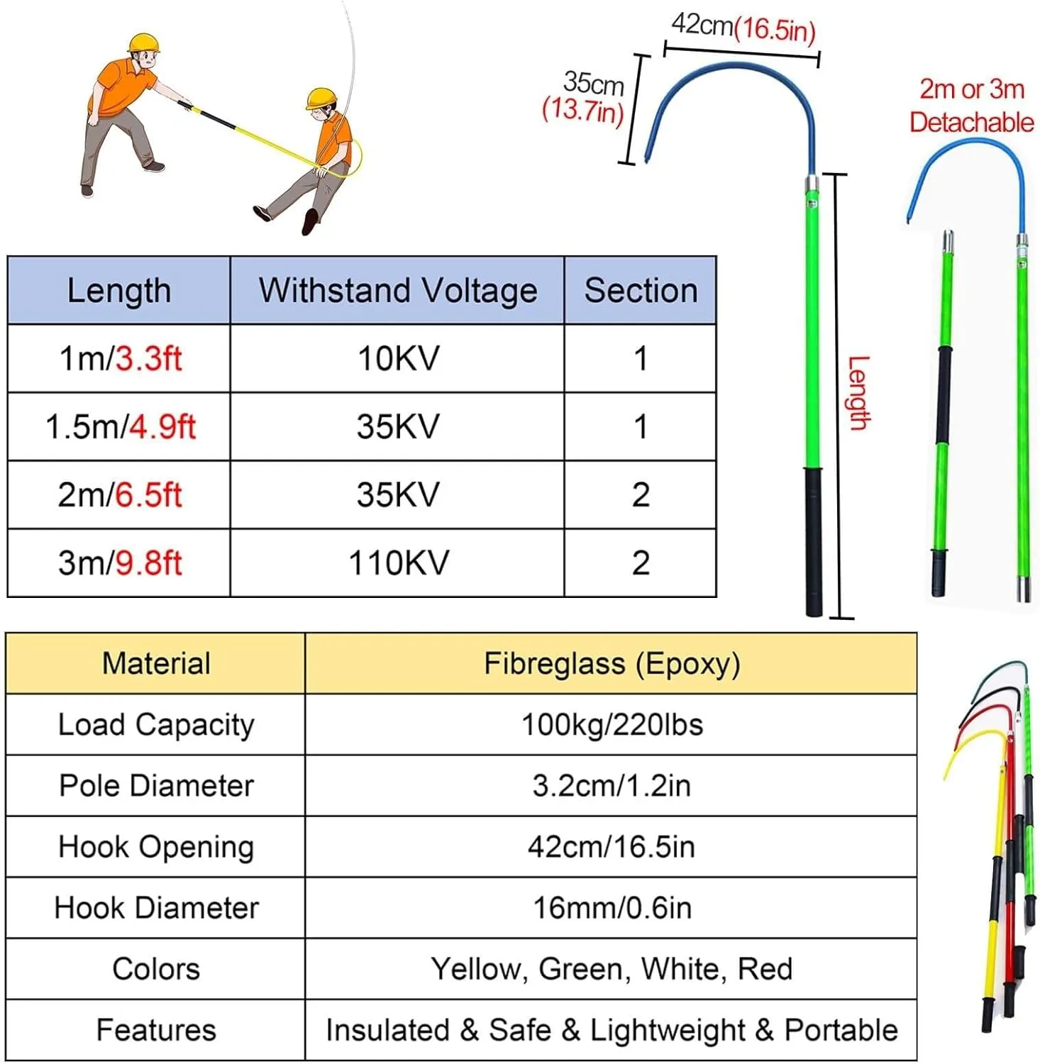 3.3ft 4.9ft 6.6ft 9.8ft Insulated Electrical Rescue Hook, an-ti Electric Shock Rescue Pole/Safety Rescue Stick, High Voltage Insulated Security Tools,1.5m/4.9ft