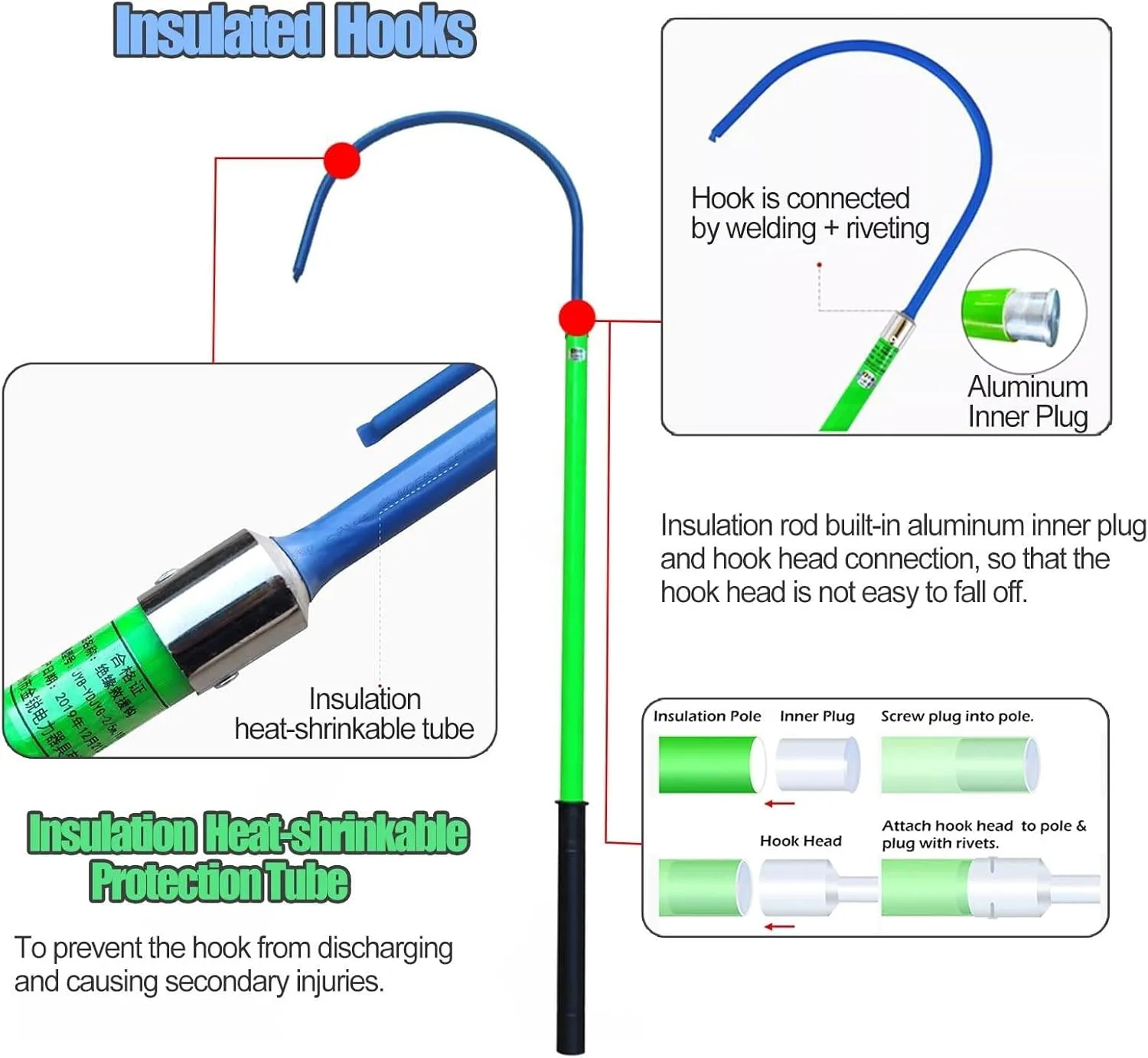 3.3ft 4.9ft 6.6ft 9.8ft Insulated Electrical Rescue Hook, an-ti Electric Shock Rescue Pole/Safety Rescue Stick, High Voltage Insulated Security Tools,1.5m/4.9ft