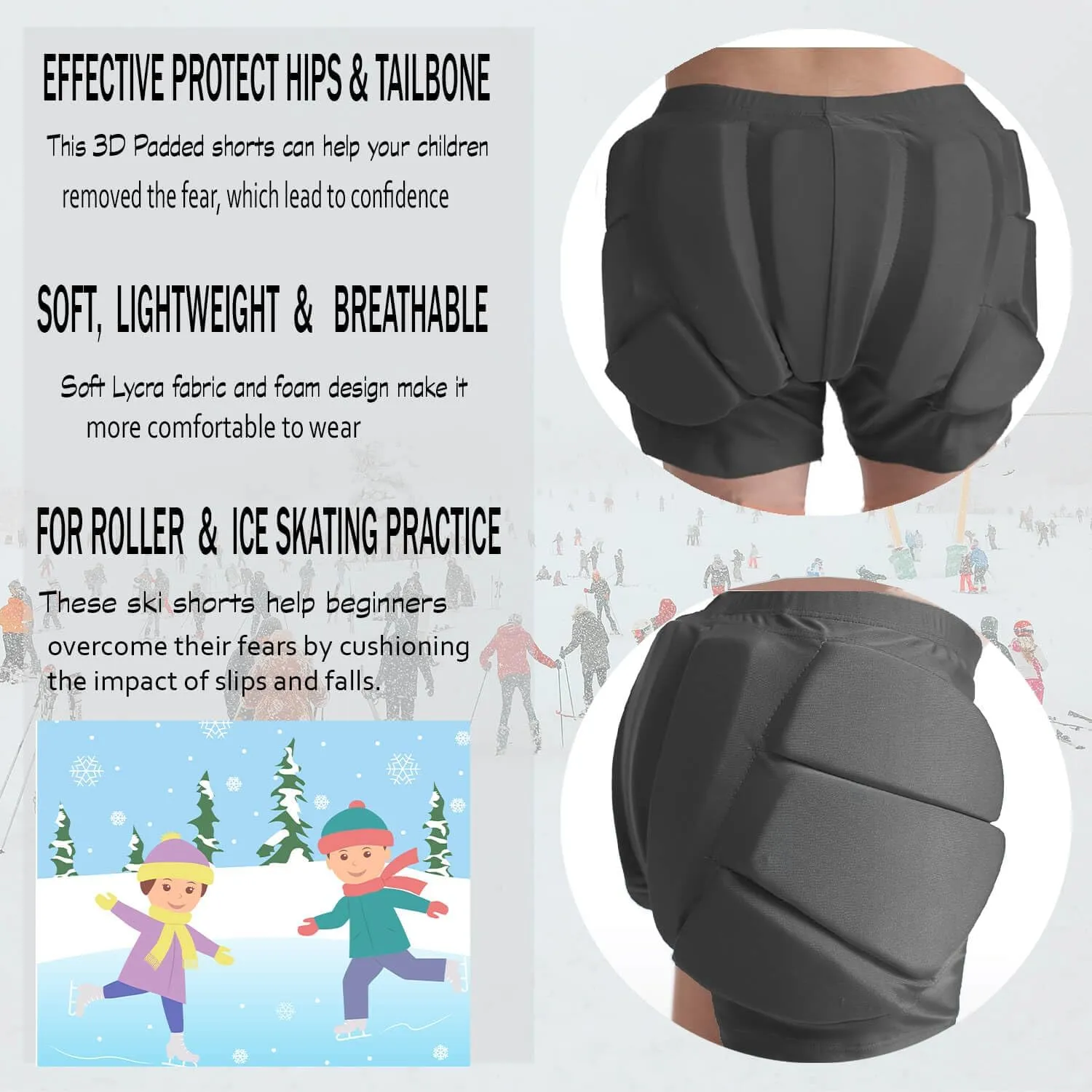 3D Hip Protective Pads Ski Pants-Thickened EVA Skateboard Crash Pad for Skating，Protective Padded Shorts for HIPS Tail Bone