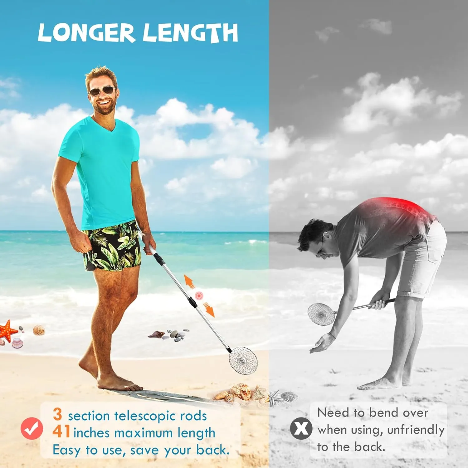 3PCS Sand Sifter for The Beach, Beach Sand Scoop Adjustable, Shell Sifting Shovels, Sea Shell Scooper for Beach with Long Handle, Beach Sifter Shark Teeth Sifter for Beach