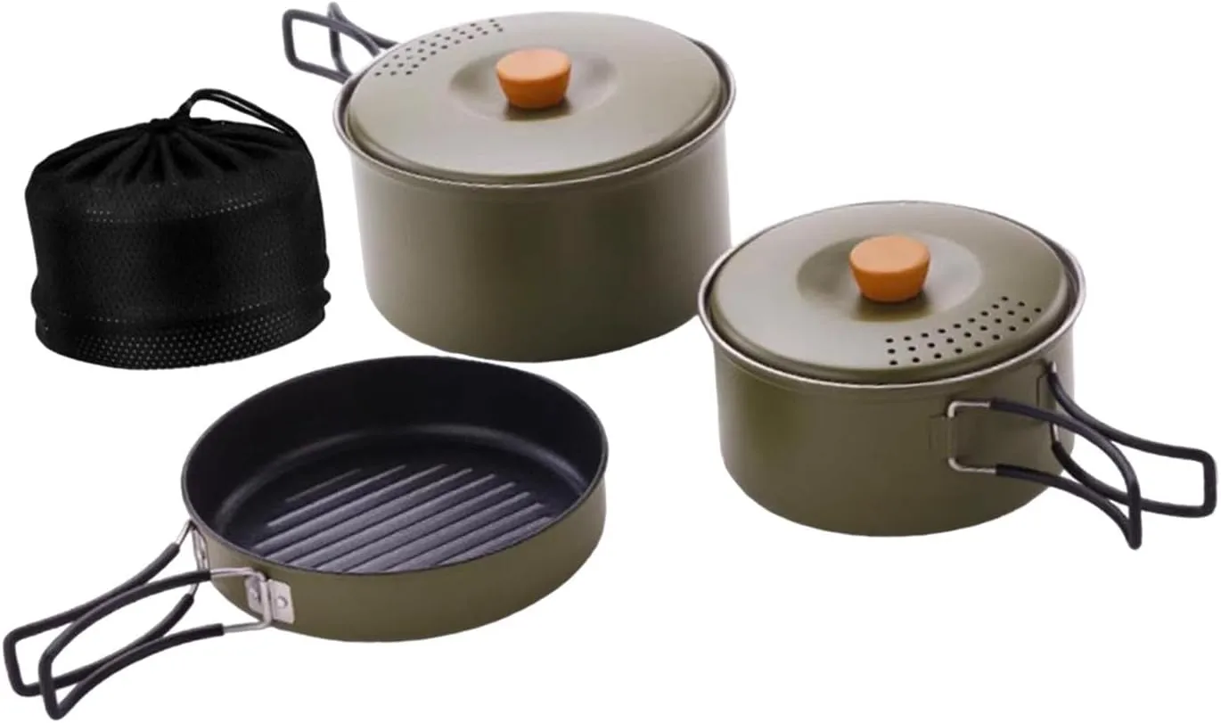 3X Camping Cooking Set Stainless Steel Pots and Pans Outdoor Cook Gear with Storage Bag for BBQ Backpacking, Green
