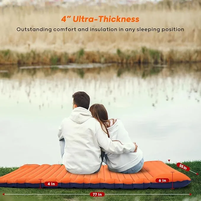 4-Inch-Thick Double Sleeping Pad for Camping, Strong Support Camping Mattress with Built-in Foot Pump, Lightweight Inflatable Sleeping Mat 2 Person for Backpacking, Hiking, Outdoors