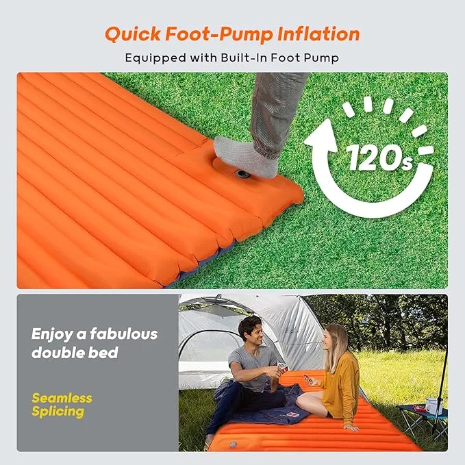 4-Inch-Thick Double Sleeping Pad for Camping, Strong Support Camping Mattress with Built-in Foot Pump, Lightweight Inflatable Sleeping Mat 2 Person for Backpacking, Hiking, Outdoors