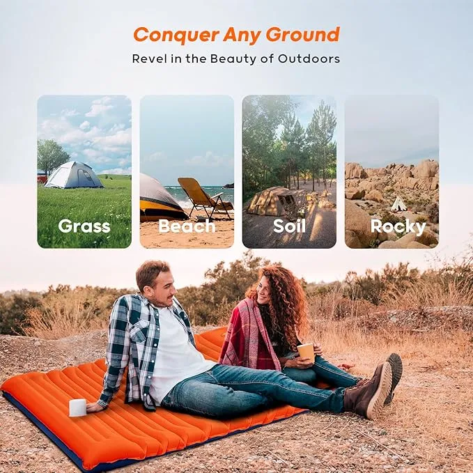 4-Inch-Thick Double Sleeping Pad for Camping, Strong Support Camping Mattress with Built-in Foot Pump, Lightweight Inflatable Sleeping Mat 2 Person for Backpacking, Hiking, Outdoors
