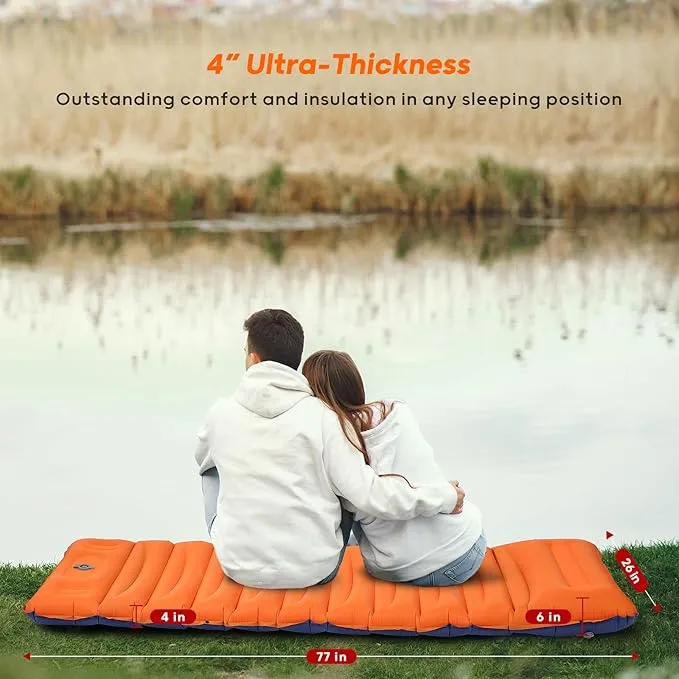 4-Inch-Thick Sleeping Pad for Camping, Strong Support Camping Mattress with Built-in Foot Pump, Lightweight Inflatable Sleeping Mat for Backpacking, Hiking, Outdoors