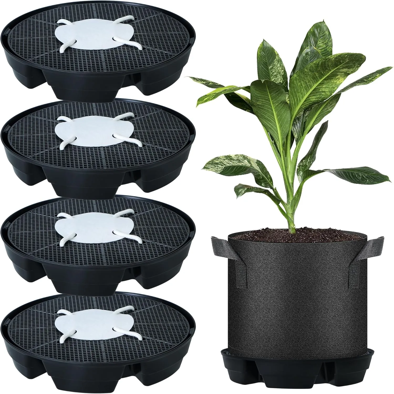 4 Pcs Self-Watering Plant Saucers for Indoors, Plastic Plant Saucer Stand Auto Watering System Fabric Pot Base, Plant Water Catcher Drip Tray Flower Pot Saucers for Greenhouse Grow Tents Grow Bags