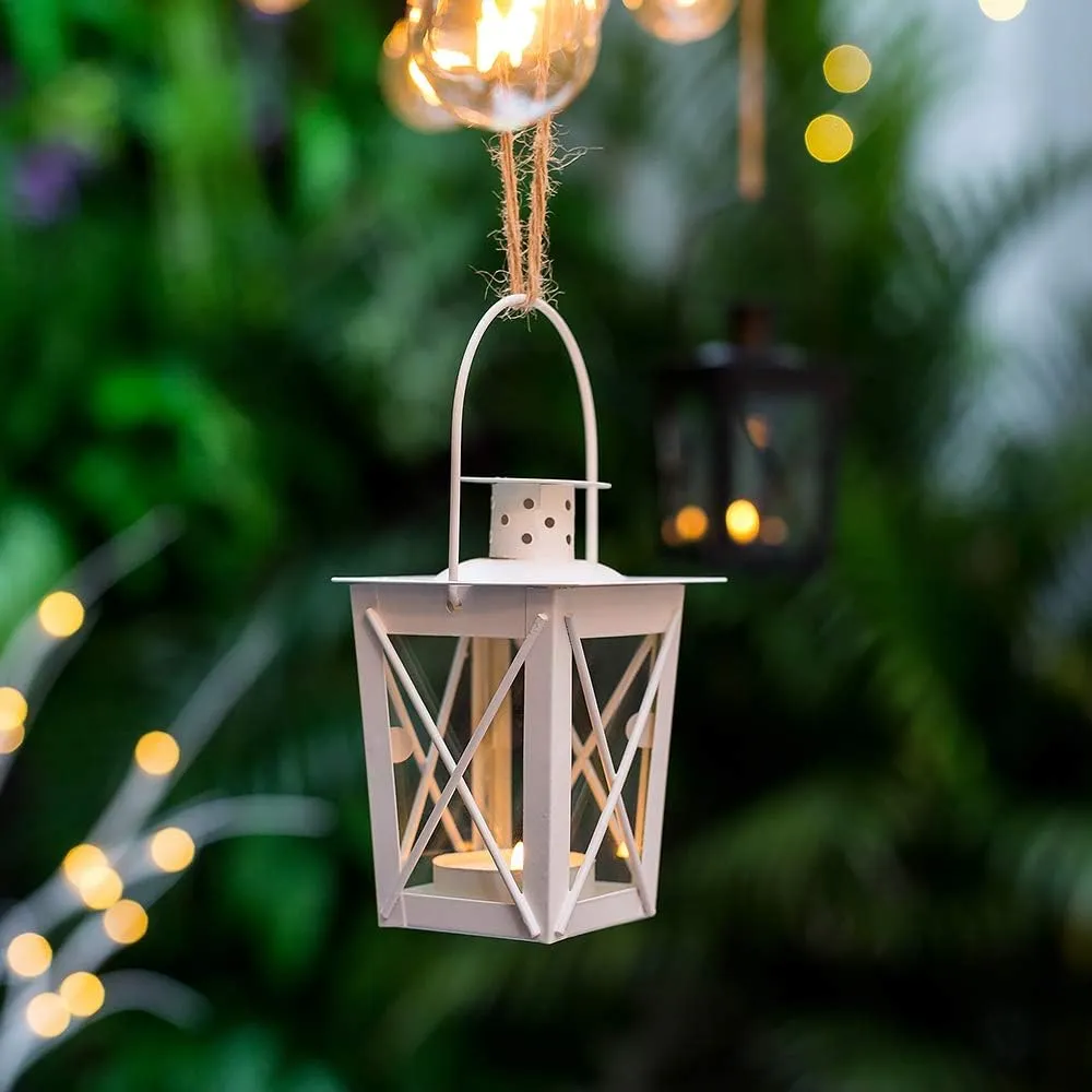4 Pcs Tealight Lanterns Hanging Candle Holder, Metal Mini Decorative Led Tea Light Candleholder Decoration for Birthday Parties Wedding Centerpiece Relaxing Spa Setting (White, 4 Pcs)